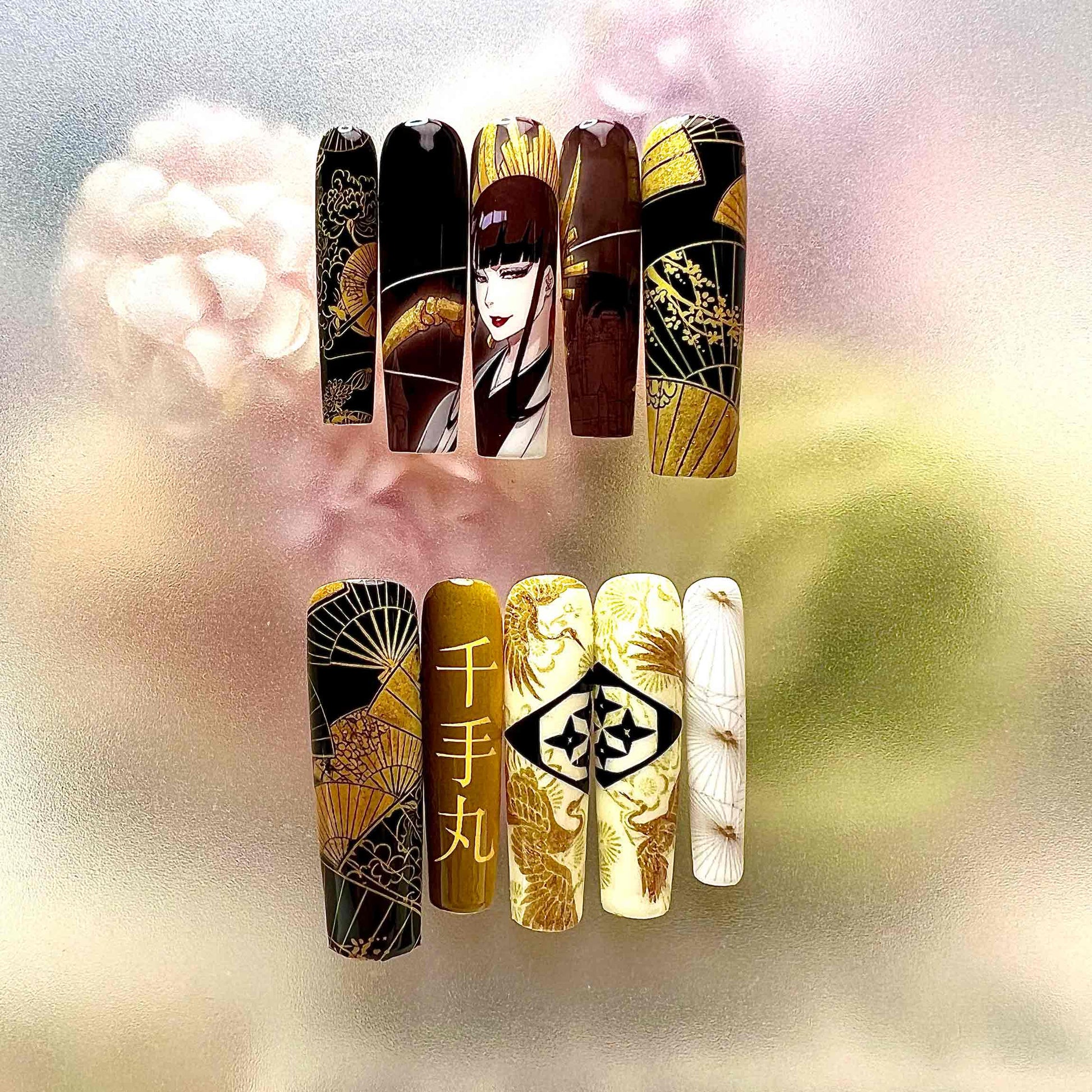 Senjumaru Shutara Nails – Bleach TYBW Press-On Set, Gold Fan &amp; Crane Japanese Art Design | Dragonnail