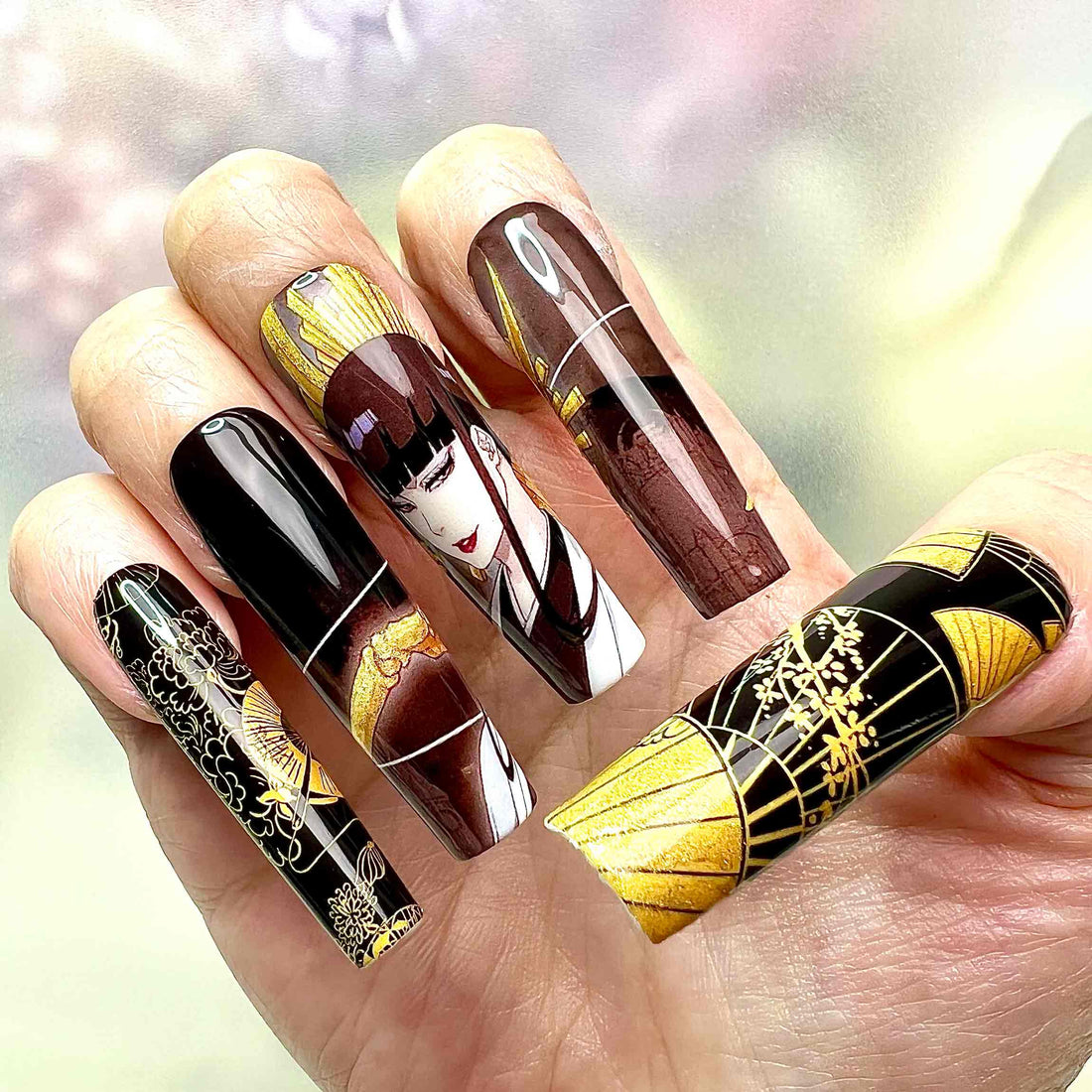 Senjumaru Shutara Nails – Bleach TYBW Press-On Set, Gold Fan &amp; Crane Japanese Art Design | Dragonnail
