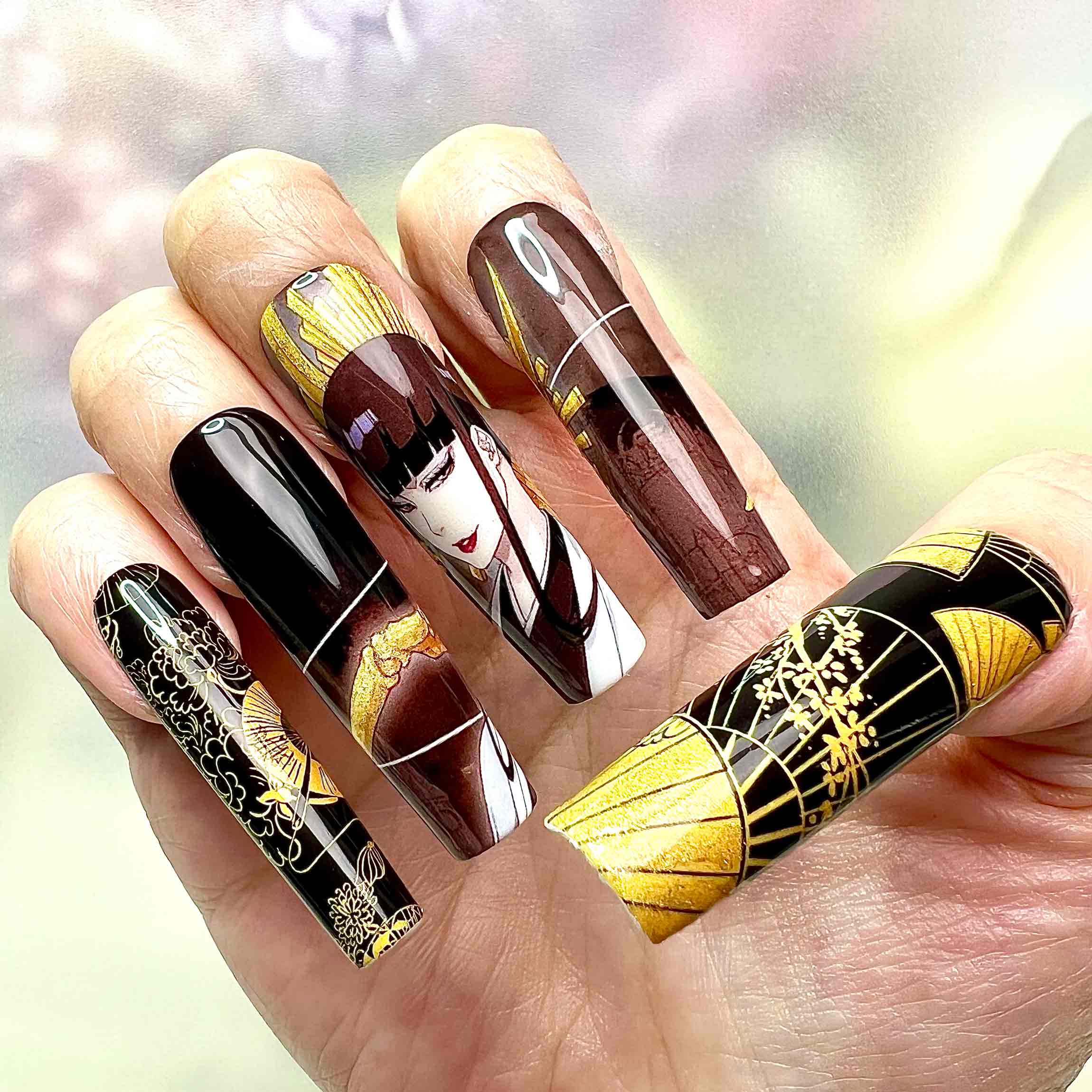 Senjumaru Shutara Nails – Bleach TYBW Press-On Set, Gold Fan &amp; Crane Japanese Art Design | Dragonnail