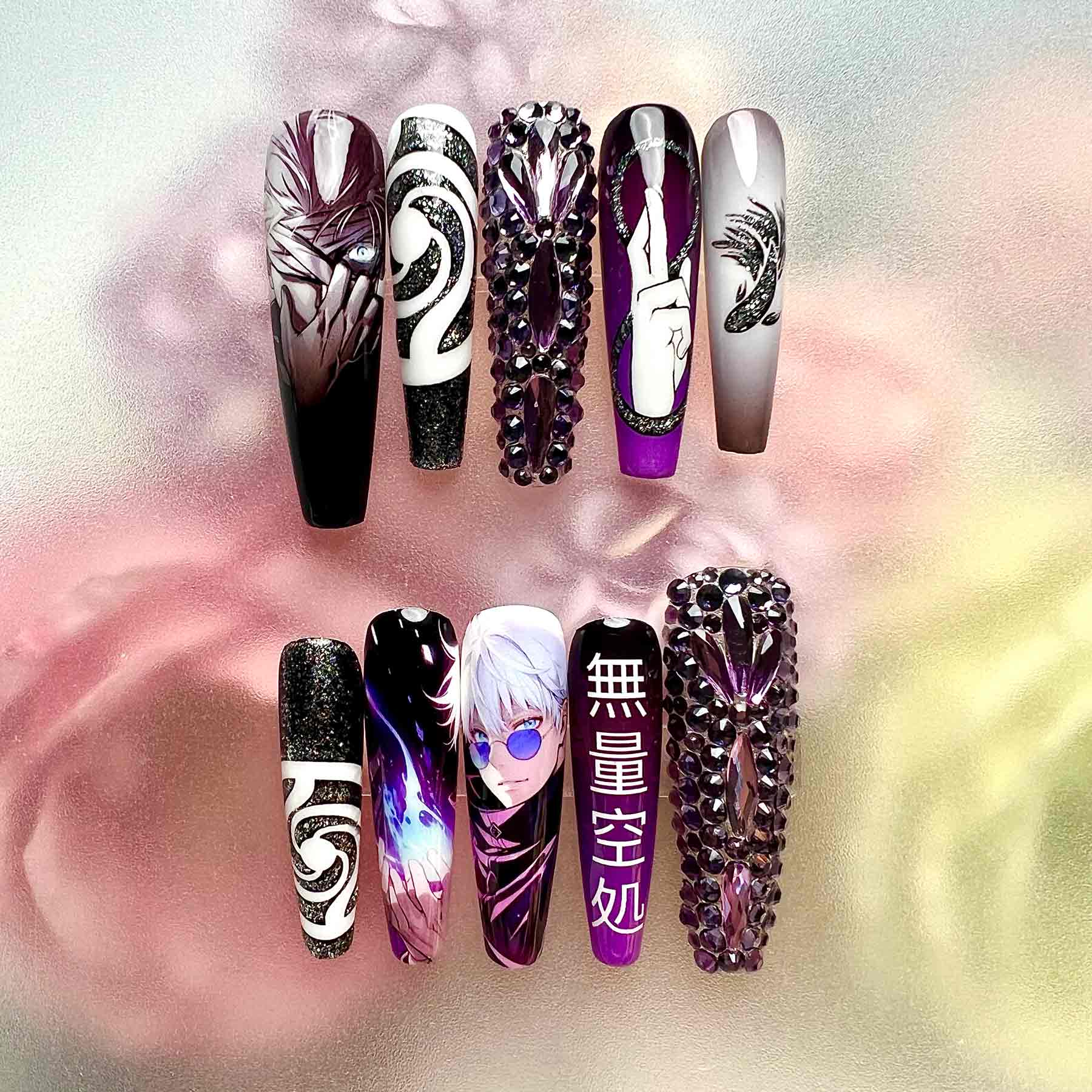 Gojo Satoru Nails – Jujutsu Kaisen JJK Press-On Set, 3D Purple Gem &amp; "Infinite Void" Anime Design | Dragonnail