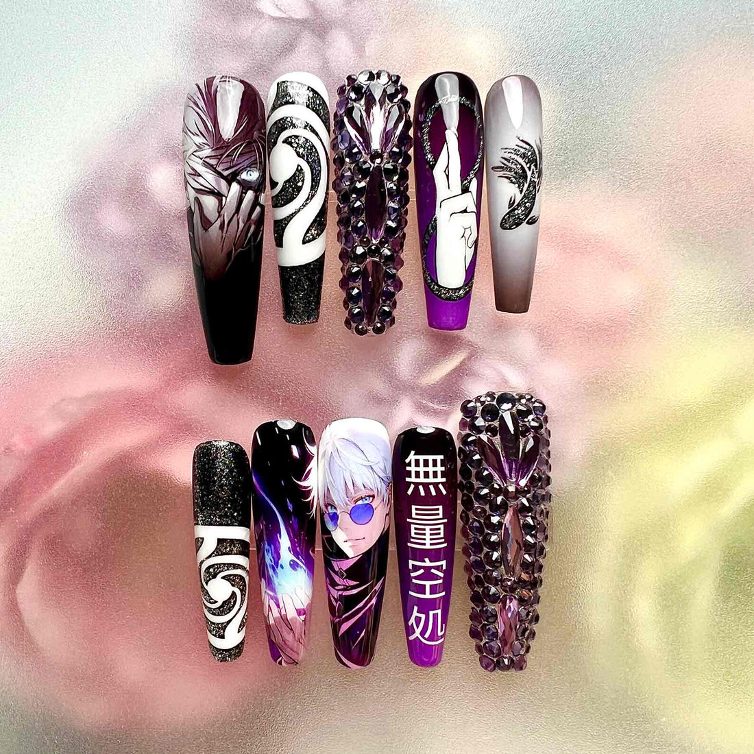 Gojo Satoru Nails – Jujutsu Kaisen JJK Press-On Set, 3D Purple Gem &amp; "Infinite Void" Anime Design | Dragonnail