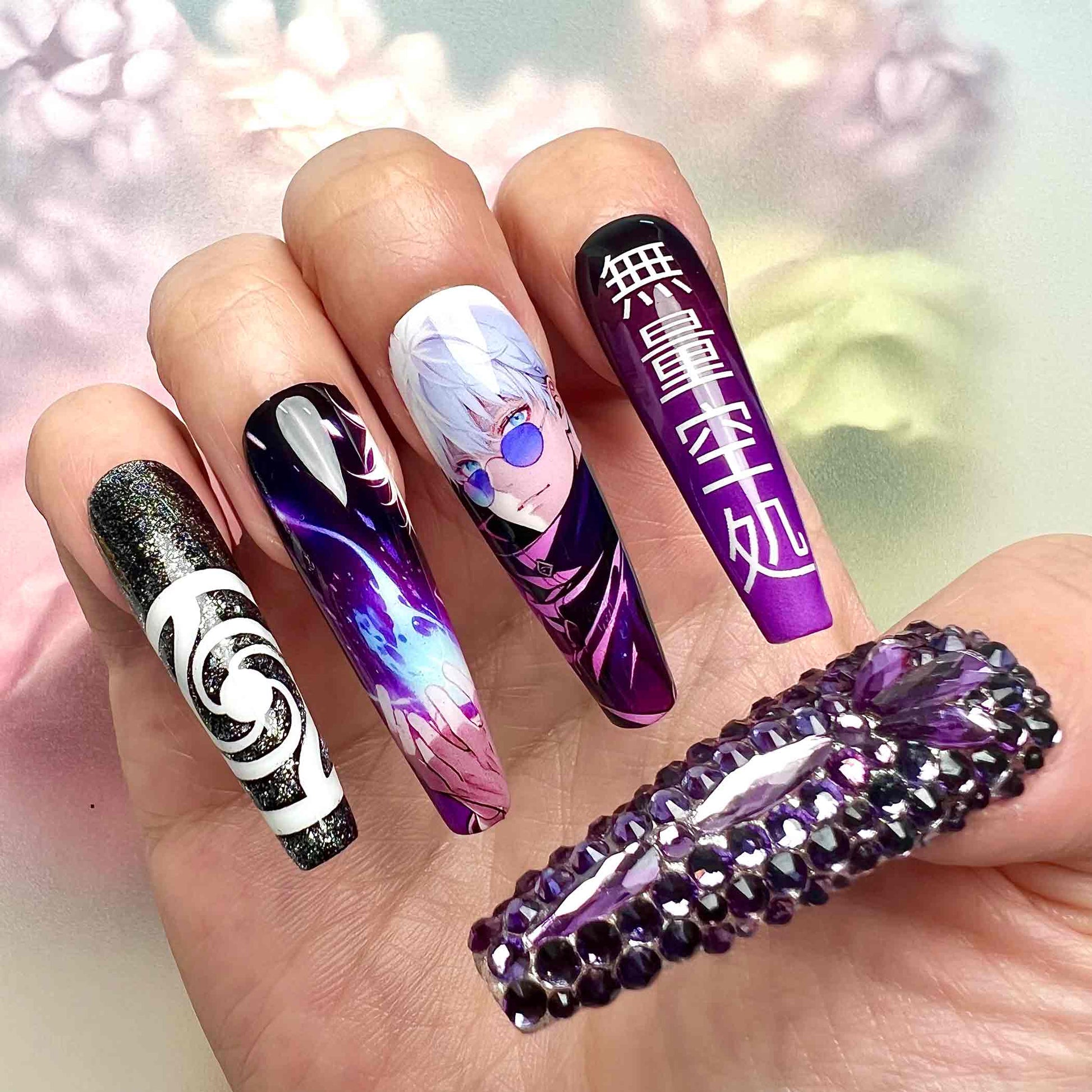 Gojo Satoru Nails – Jujutsu Kaisen JJK Press-On Set, 3D Purple Gem &amp; "Infinite Void" Anime Design | Dragonnail
