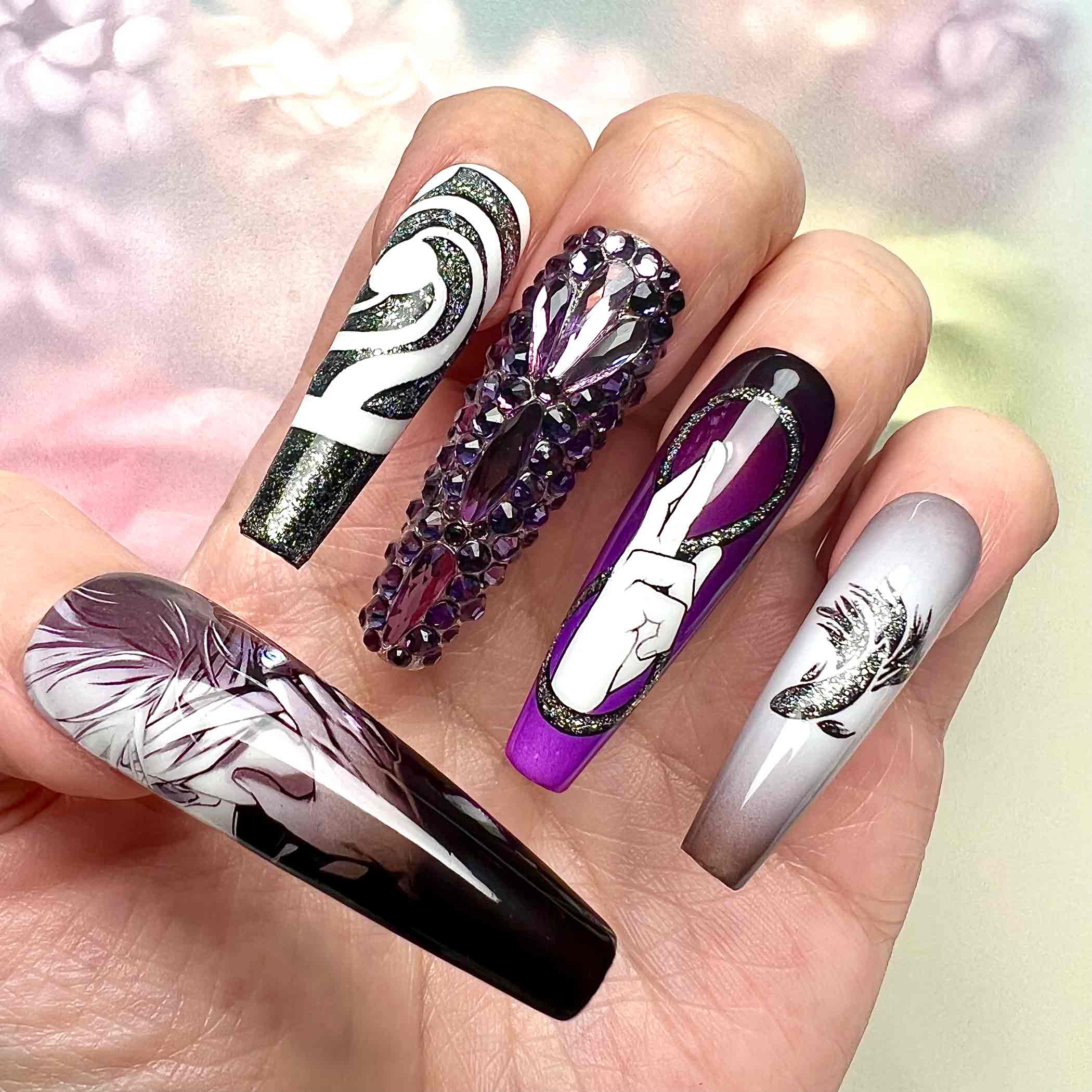 Gojo Satoru Nails – Jujutsu Kaisen JJK Press-On Set, 3D Purple Gem &amp; "Infinite Void" Anime Design | Dragonnail