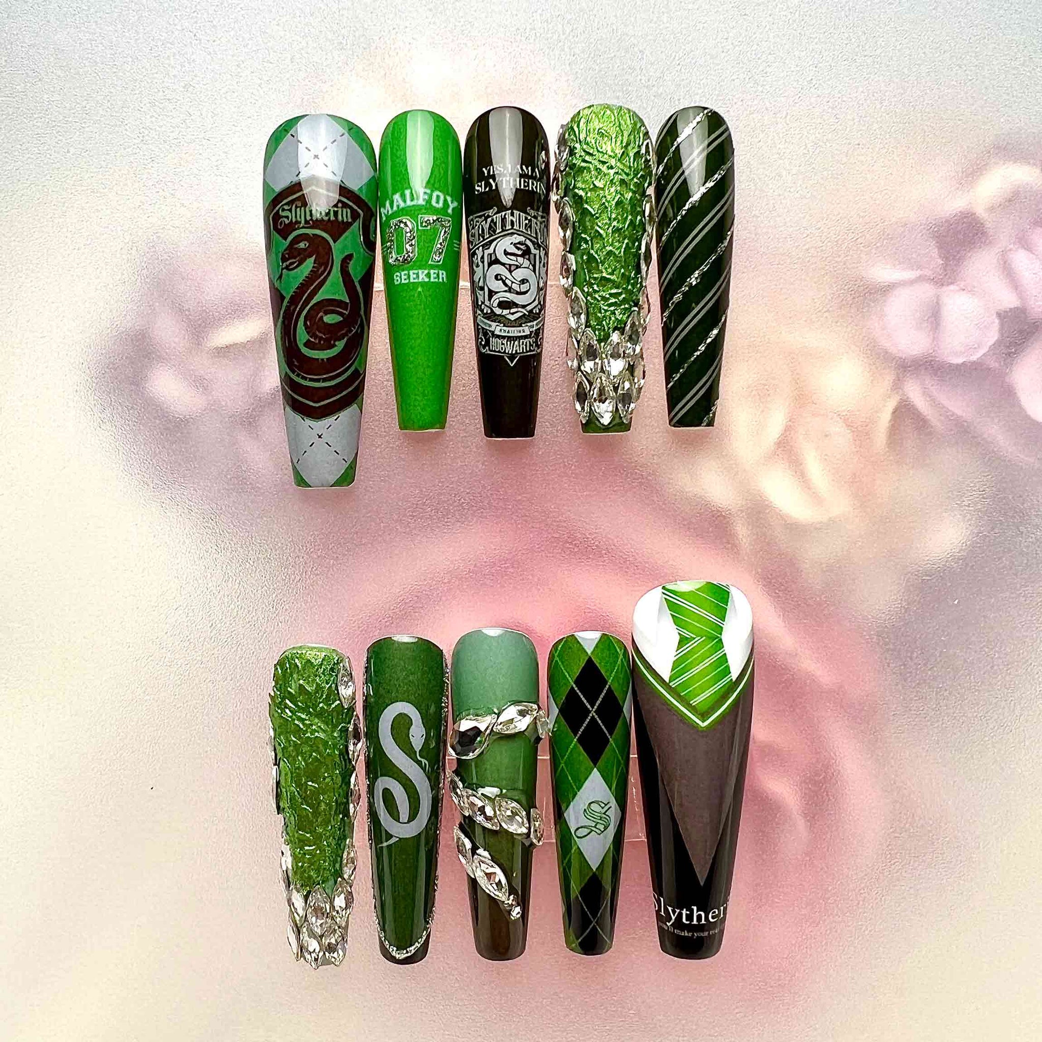 Harry Potter Slytherin Nails – HP Press-On Set, 3D Gem &amp; Green Malfoy Snake Design | Dragonnail
