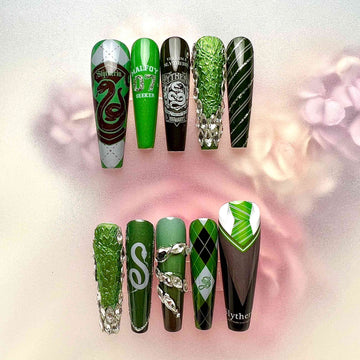 Harry Potter Slytherin Nails – HP Press-On Set, 3D Gem &amp; Green Malfoy Snake Design | Dragonnail