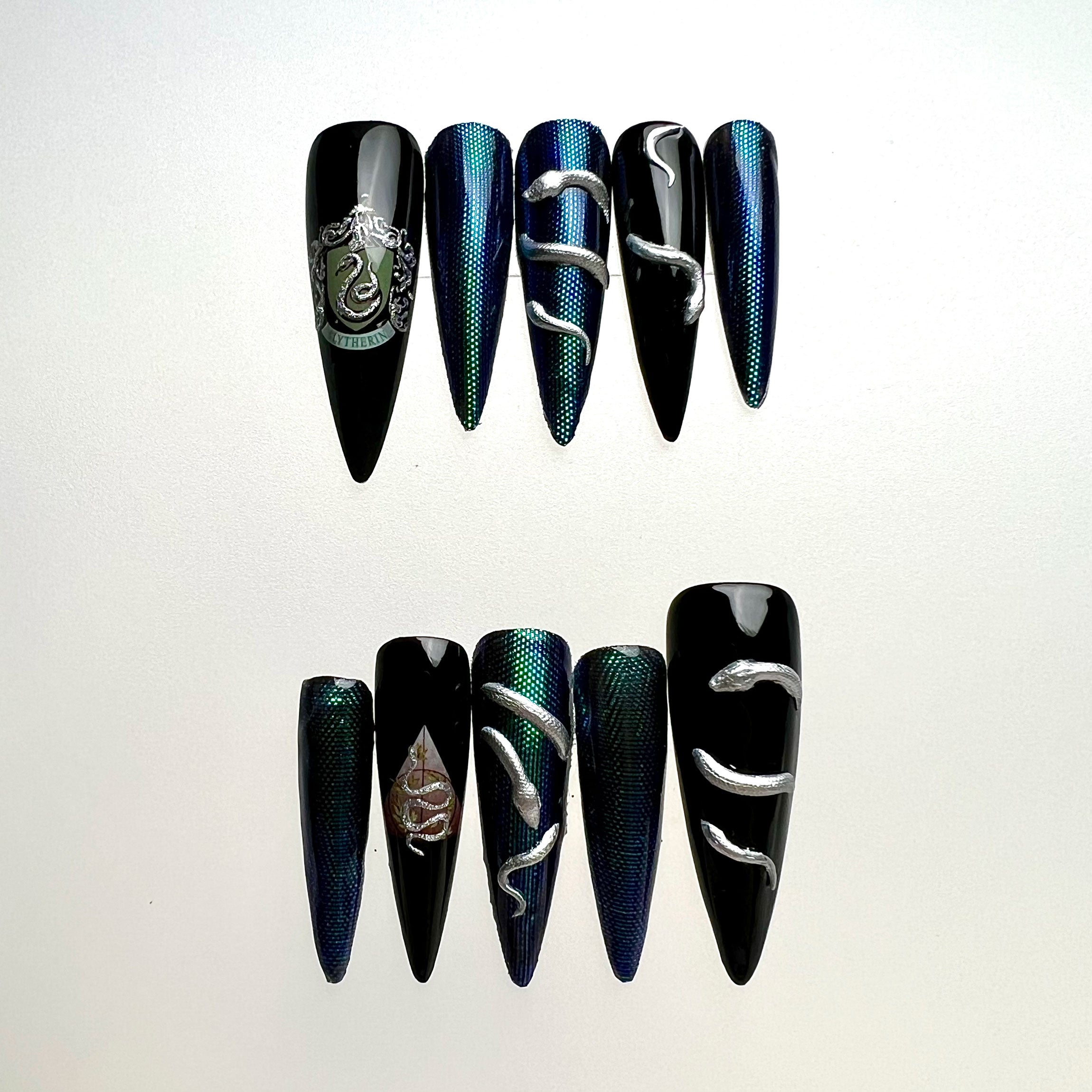 Slytherin Chrome Nails – HP Press-On Set, 3D Silver Snake &amp; Green/Blue Duo-Chrome Design | Dragonnail