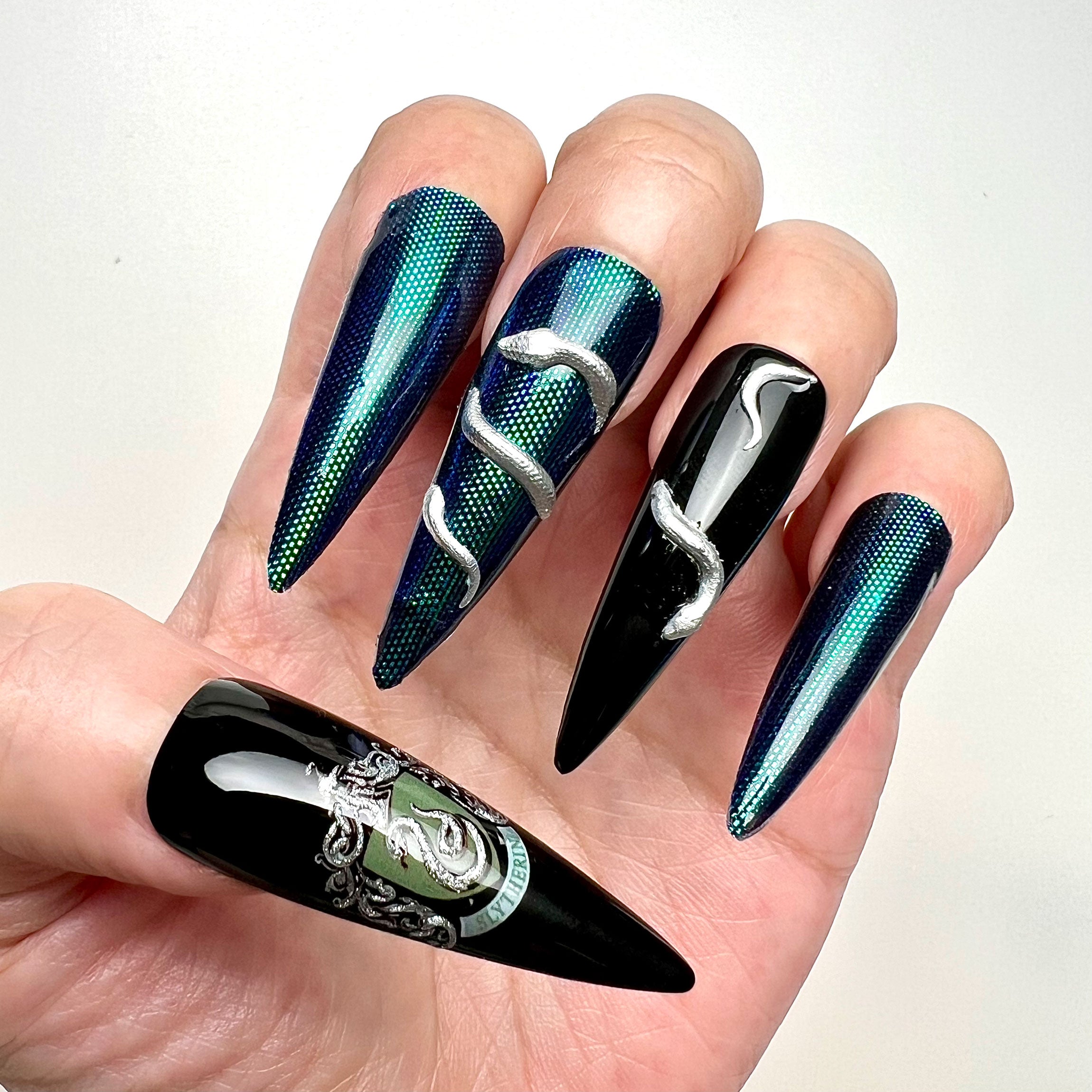 Slytherin Chrome Nails – HP Press-On Set, 3D Silver Snake &amp; Green/Blue Duo-Chrome Design | Dragonnail