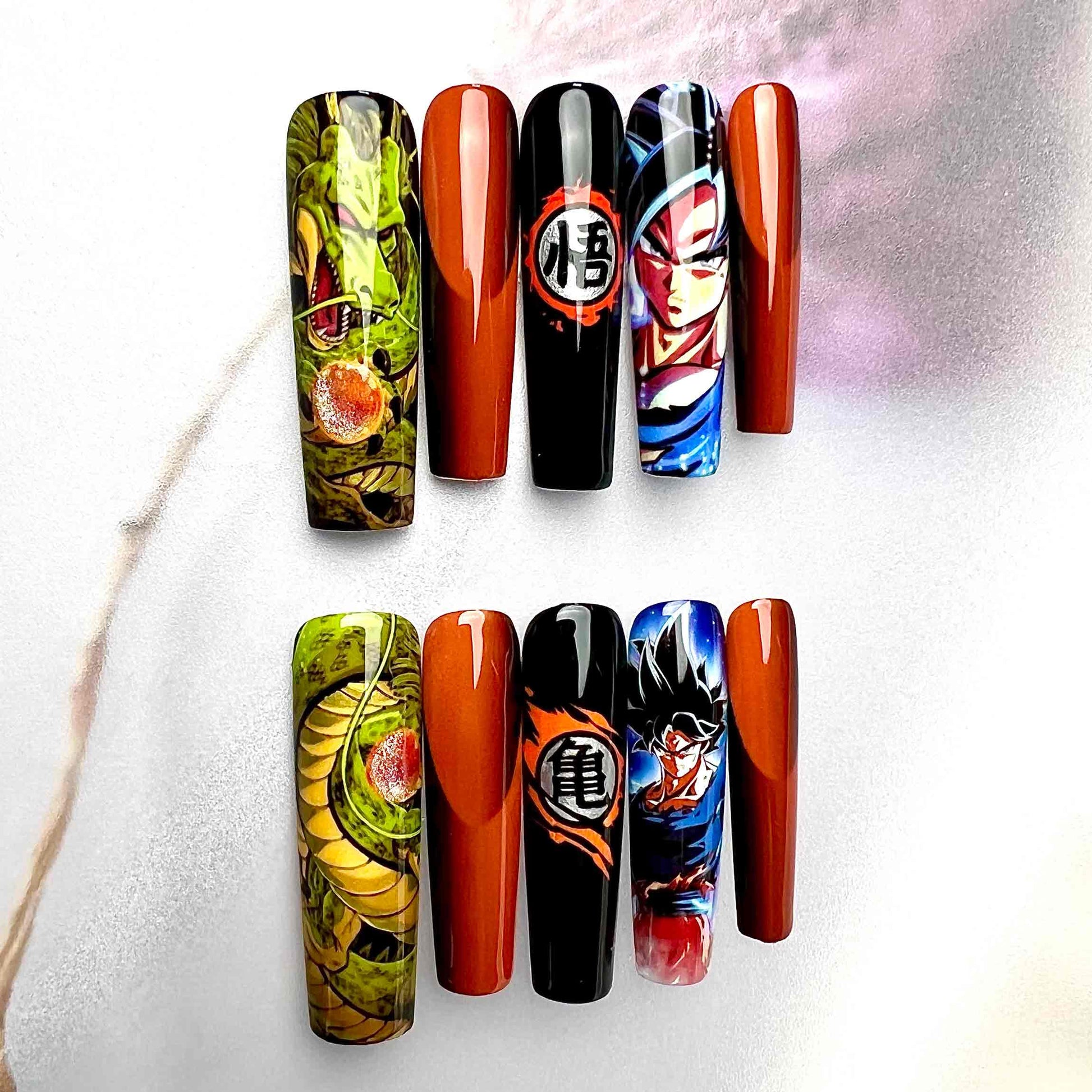 Dragon Ball Z Nails – Goku &amp; Shenron Press-On Set, DBZ Super Saiyan Anime Design | Dragonnail