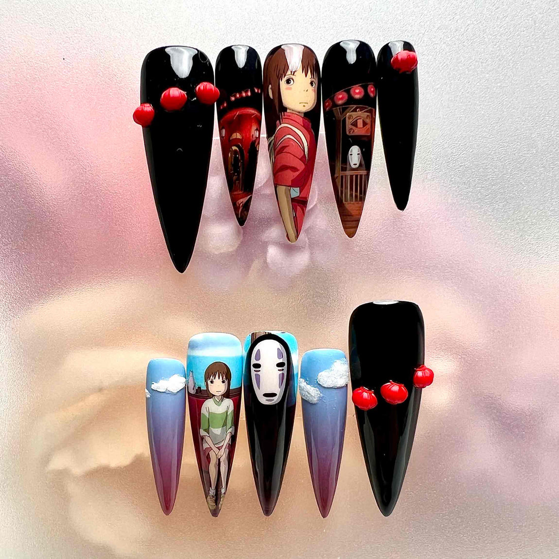 Spirited Away Nails – Chihiro &amp; No-Face Press-On Set, Ghibli Night &amp; Day Split Design | Dragonnail