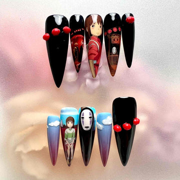 Spirited Away Nails – Chihiro &amp; No-Face Press-On Set, Ghibli Night &amp; Day Split Design | Dragonnail