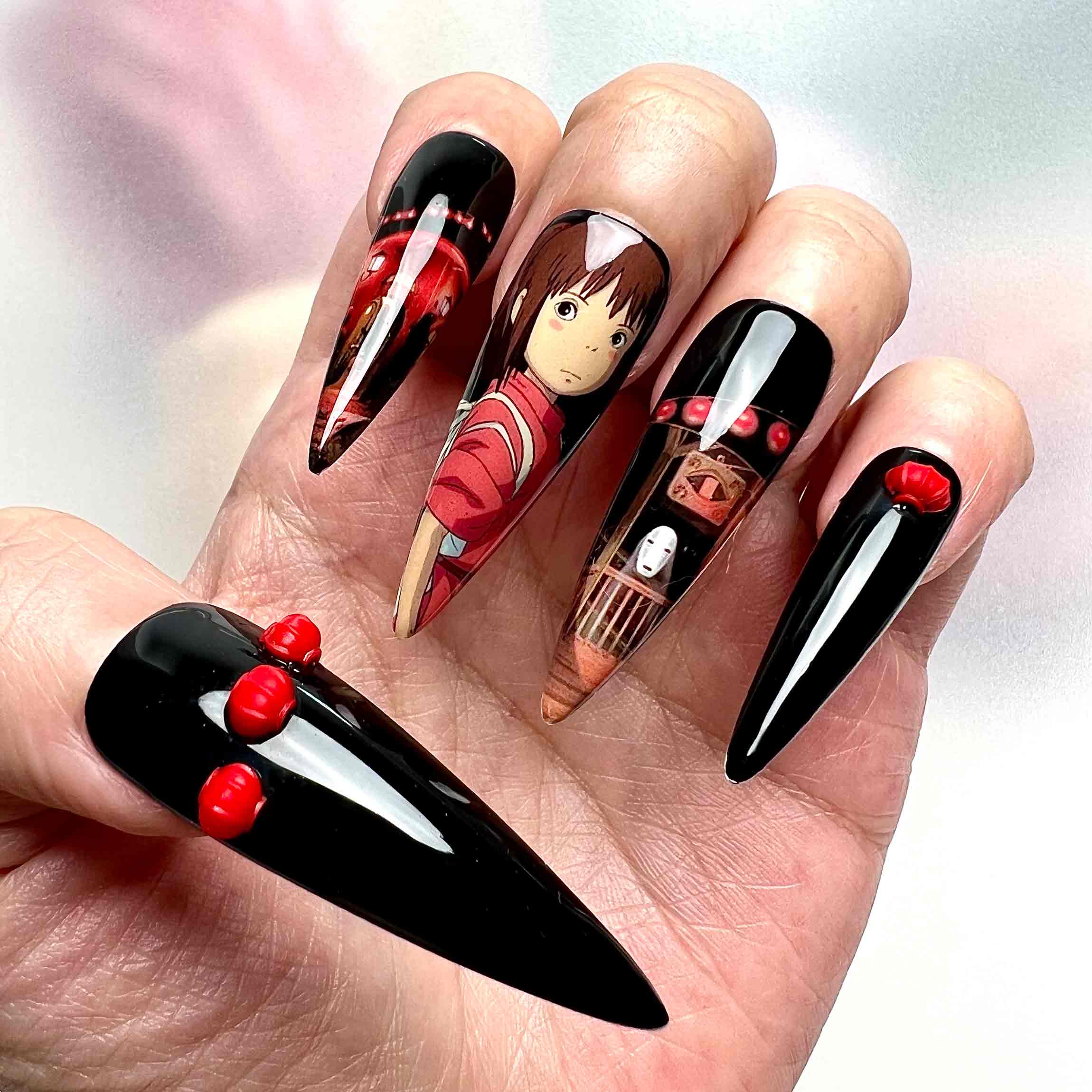 Spirited Away Nails – Chihiro &amp; No-Face Press-On Set, Ghibli Night &amp; Day Split Design | Dragonnail