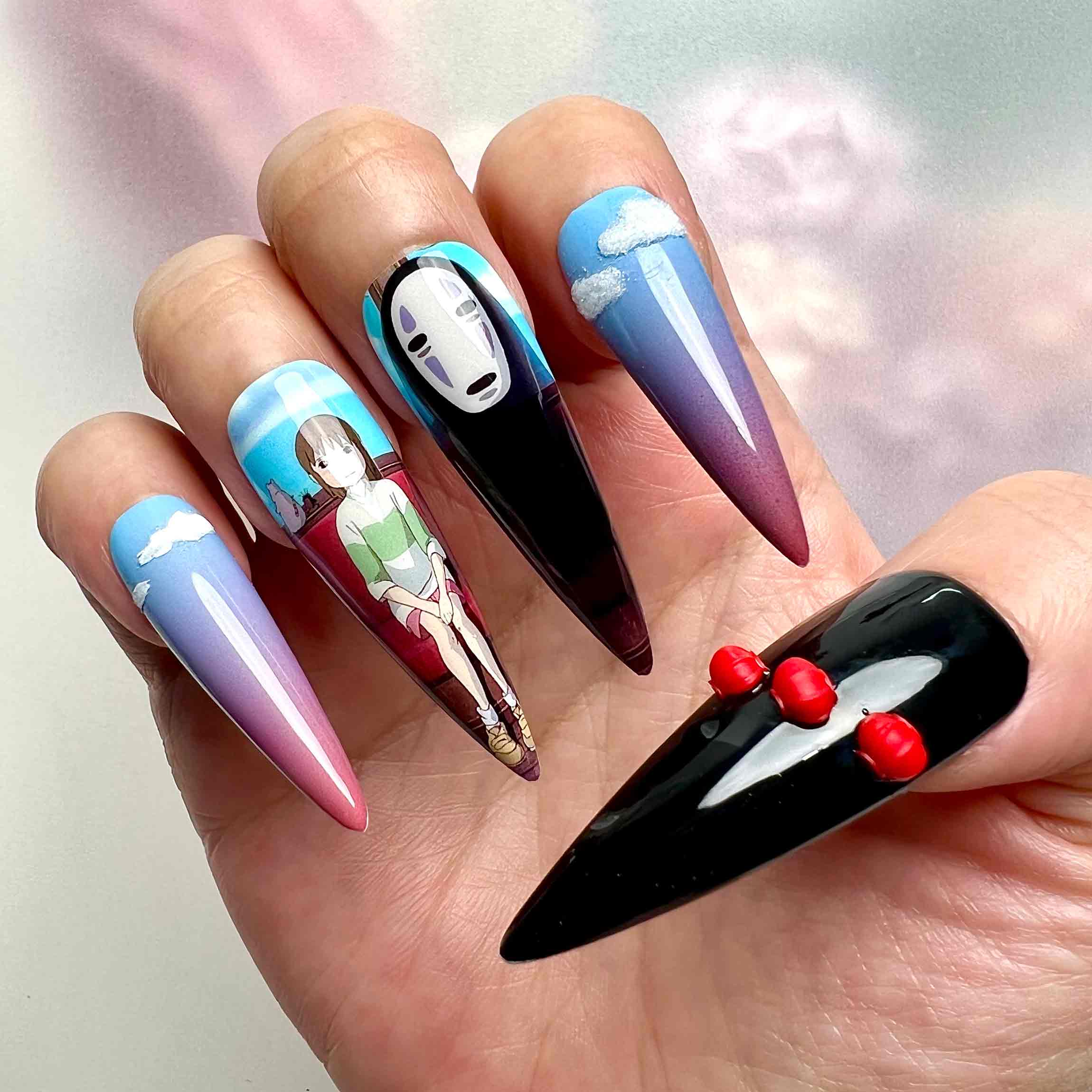 Spirited Away Nails – Chihiro &amp; No-Face Press-On Set, Ghibli Night &amp; Day Split Design | Dragonnail