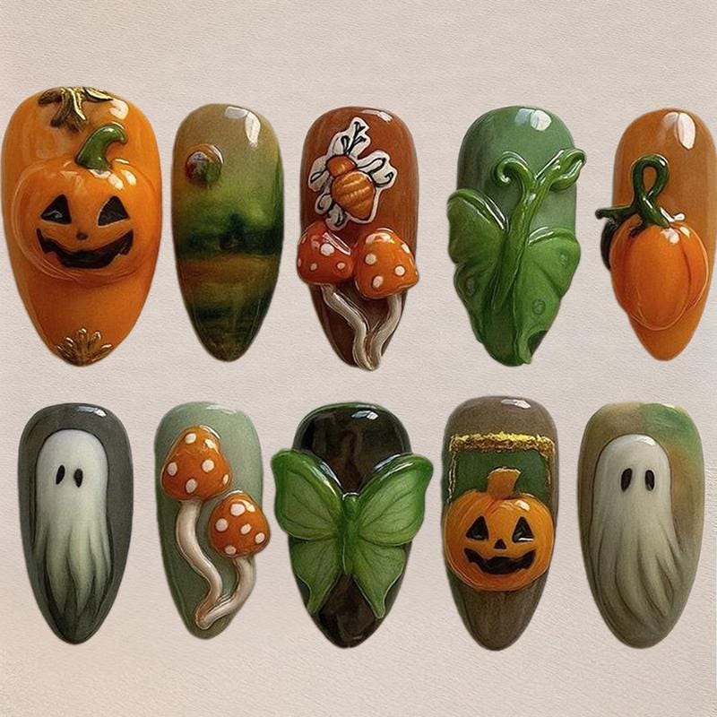 Spooky Fairycore Pumpkin Press On Nails 3d Nail Art Halloween Party Mushroom Press-on Nails Ghost Nails Art Dragonnail