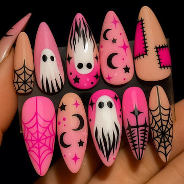 Spooky Ghost Spider Press On Nails 3d Nail Art For Halloween Party Pink Black Holiday Almond Nails Bat Moon Hand Painted Nails Dragonnail