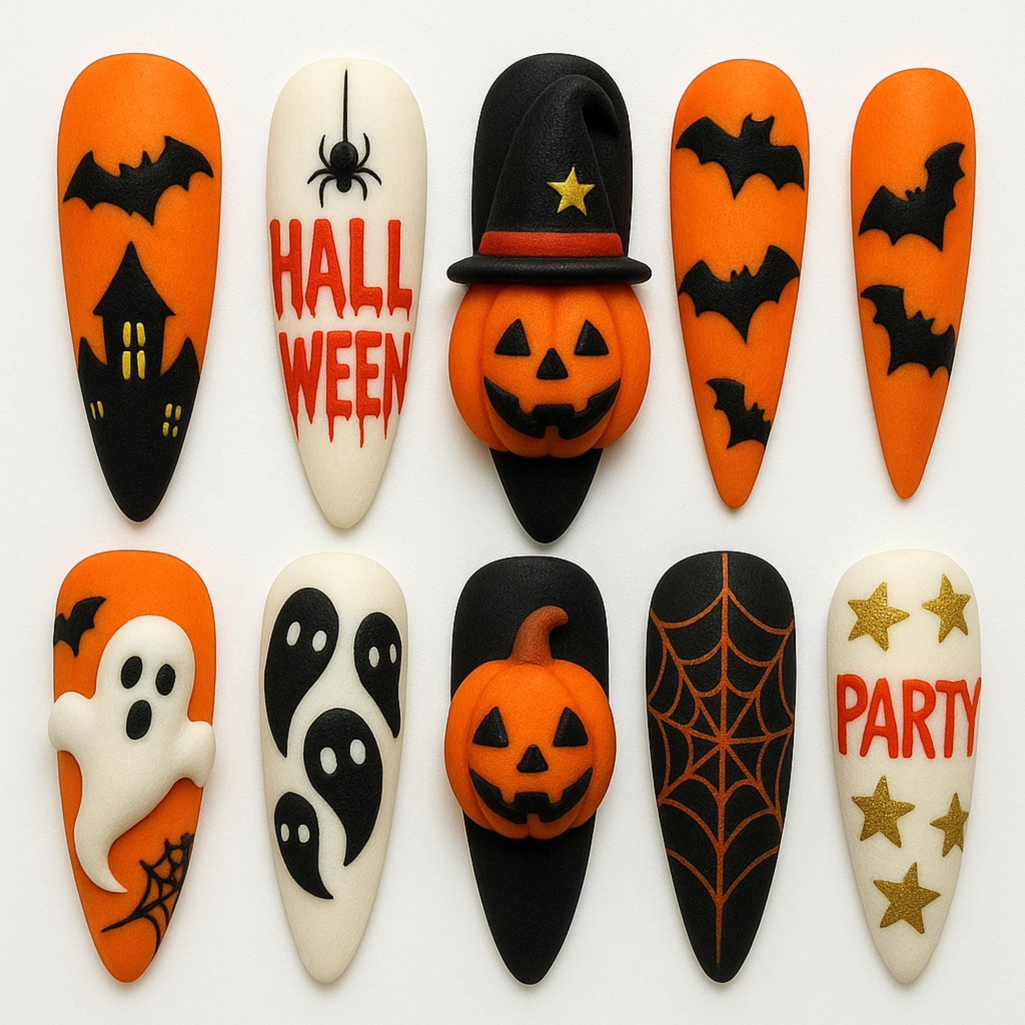 Spooky Halloween Pumpkin Ghost Press On Nails 3d Nail Art For Halloween Party Bat Spider Web Holiday Almond Nailscustom Handpainted Nails Dragonnail