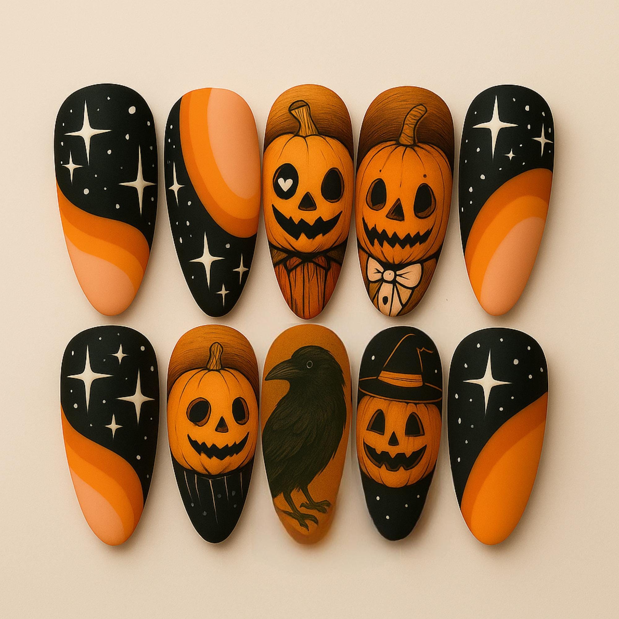 Spooky Halloween Pumpkin Ghost Press On Nails 3d Nail Art For Halloween Party Crow Holiday Almond Nails Custom Handpainted Nails Dragonnail