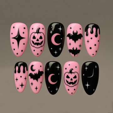 Spooky Halloween Pumpkin Press On Nails 3d Nail Art For Halloween Party Pink Black Holiday Almond Nails Bat Moon Hand Painted Nails Dragonnail
