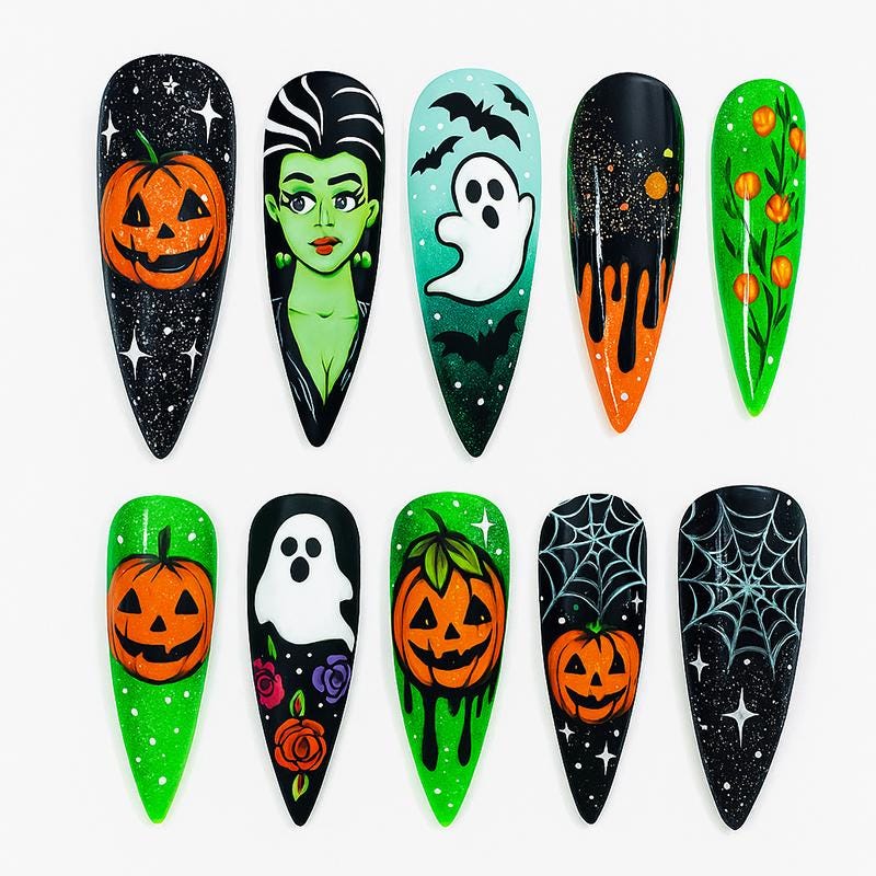 Spooky Neon Pumpkin Press On Nails 3d Nail Art Halloween Ghost Party Glitter Press-on Nails With Witch Batty Nails Art Dragonnail