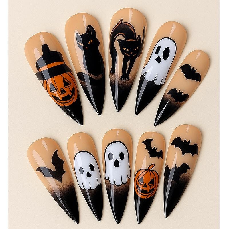 Spooky Witchy Pumpkin Press On Nails 3d Nail Art For Halloween Party Batty Holiday Almond Nails Black Cat Nails Dragonnail
