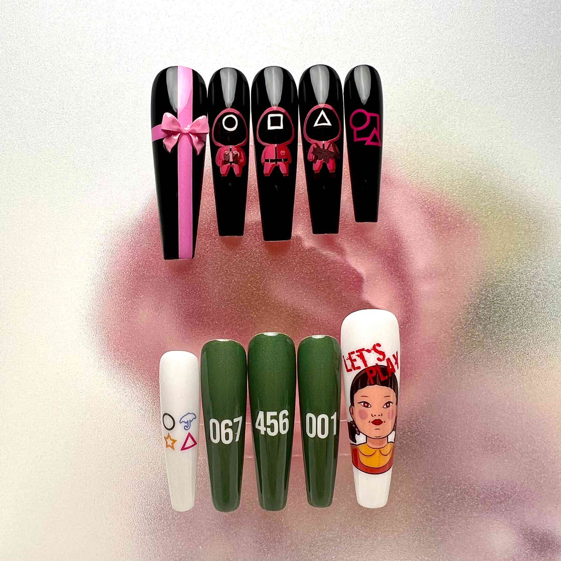 Squid Game Nails – Pink Guard &amp; Player Number Press-On Nail Set | Dragonnail