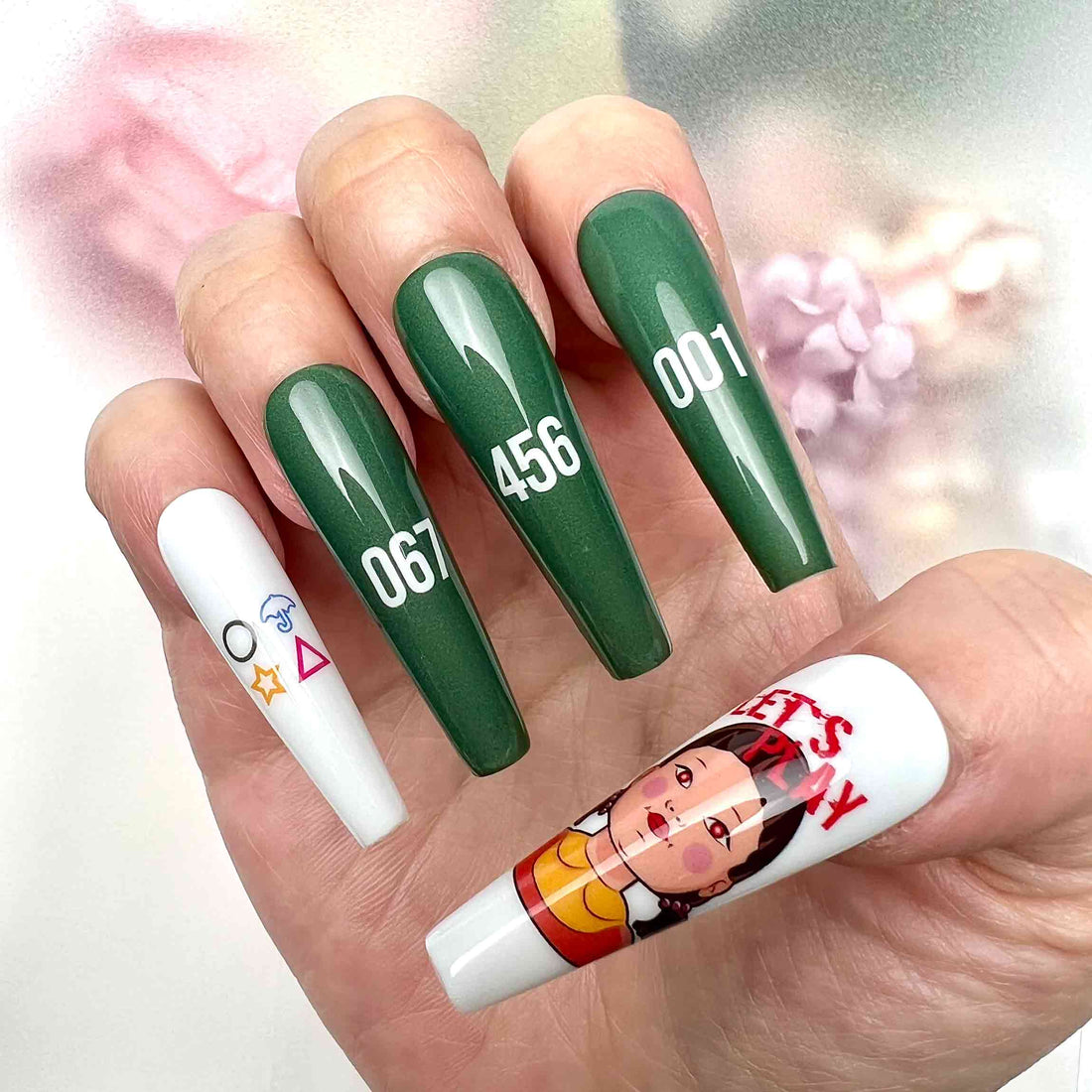 Squid Game Nails – Pink Guard &amp; Player Number Press-On Nail Set | Dragonnail