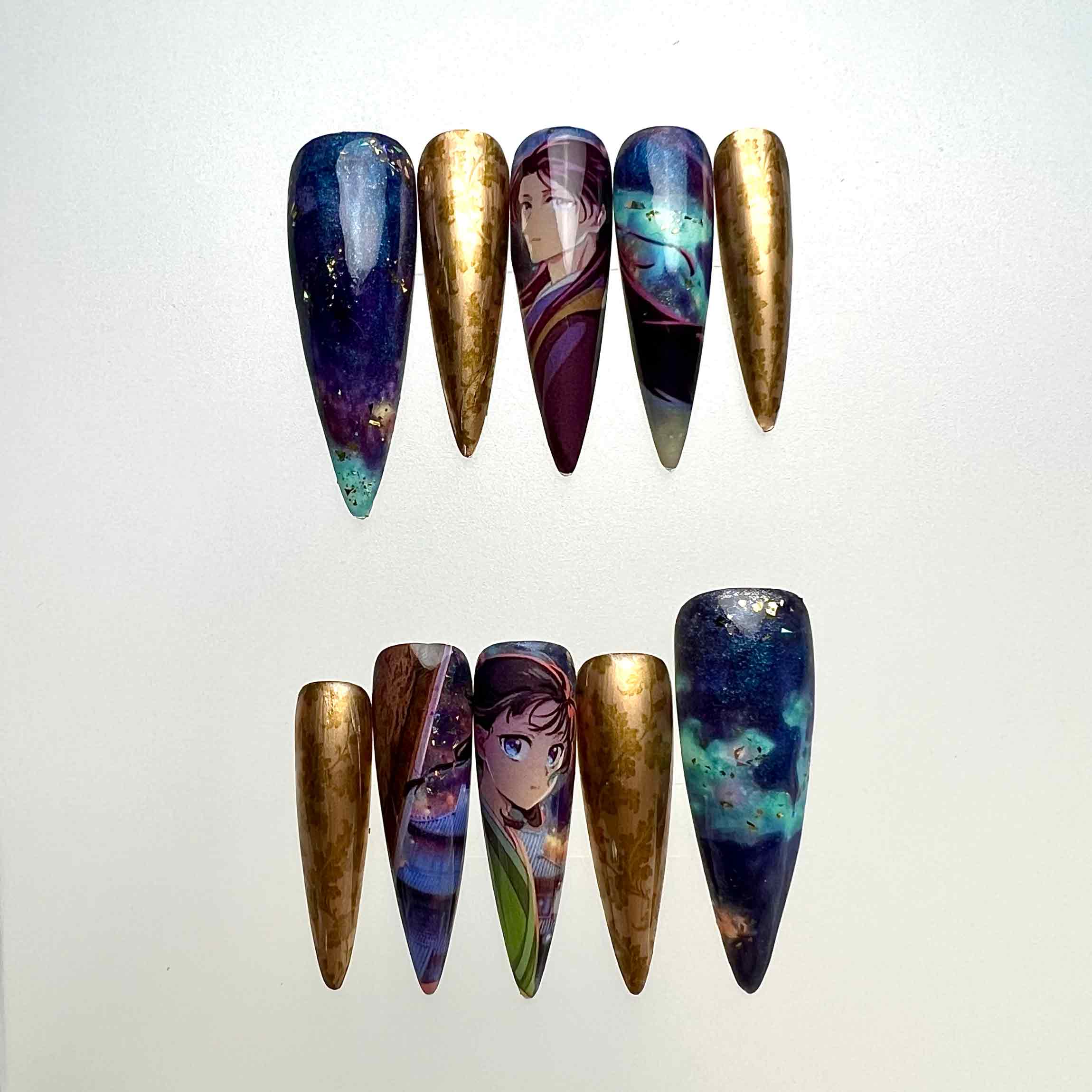 My Happy Marriage Nails – Kiyoka Kudo &amp; Miyo Saimori Press-On Set, Gold Chrome &amp; Celestial Galaxy Design | Dragonnail