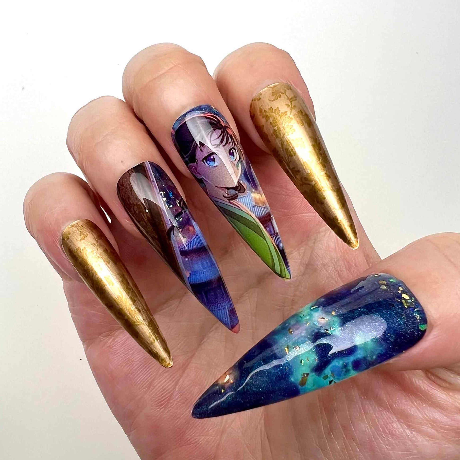 My Happy Marriage Nails – Kiyoka Kudo &amp; Miyo Saimori Press-On Set, Gold Chrome &amp; Celestial Galaxy Design | Dragonnail
