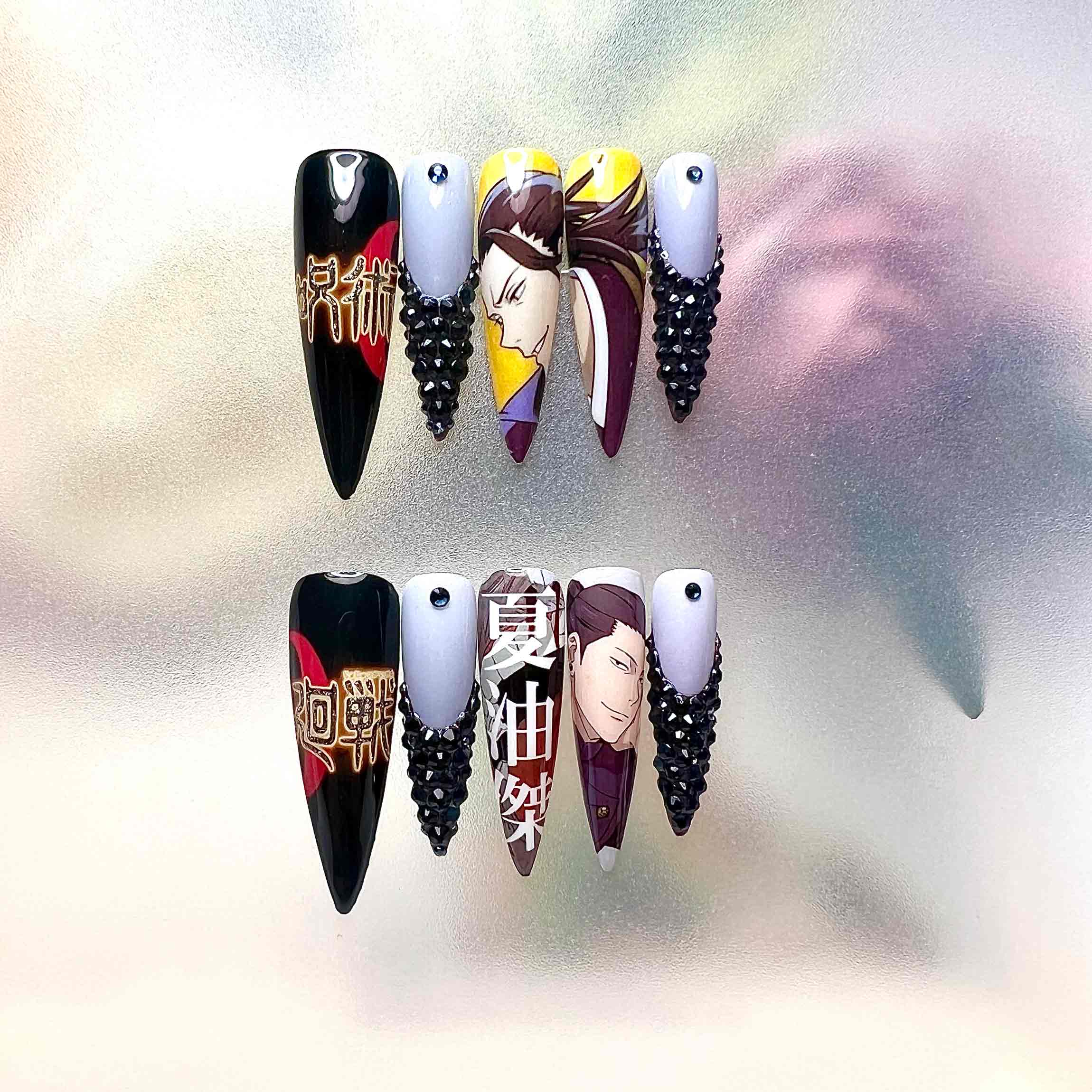 Todo &amp; Geto Nails – Jujutsu Kaisen JJK Press-On Set, 3D Black Crystal &amp; Kanji Anime Design | Dragonnail