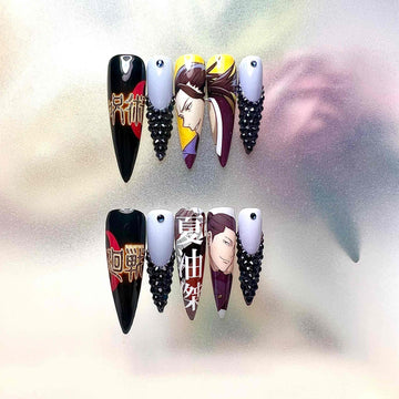 Todo &amp; Geto Nails – Jujutsu Kaisen JJK Press-On Set, 3D Black Crystal &amp; Kanji Anime Design | Dragonnail