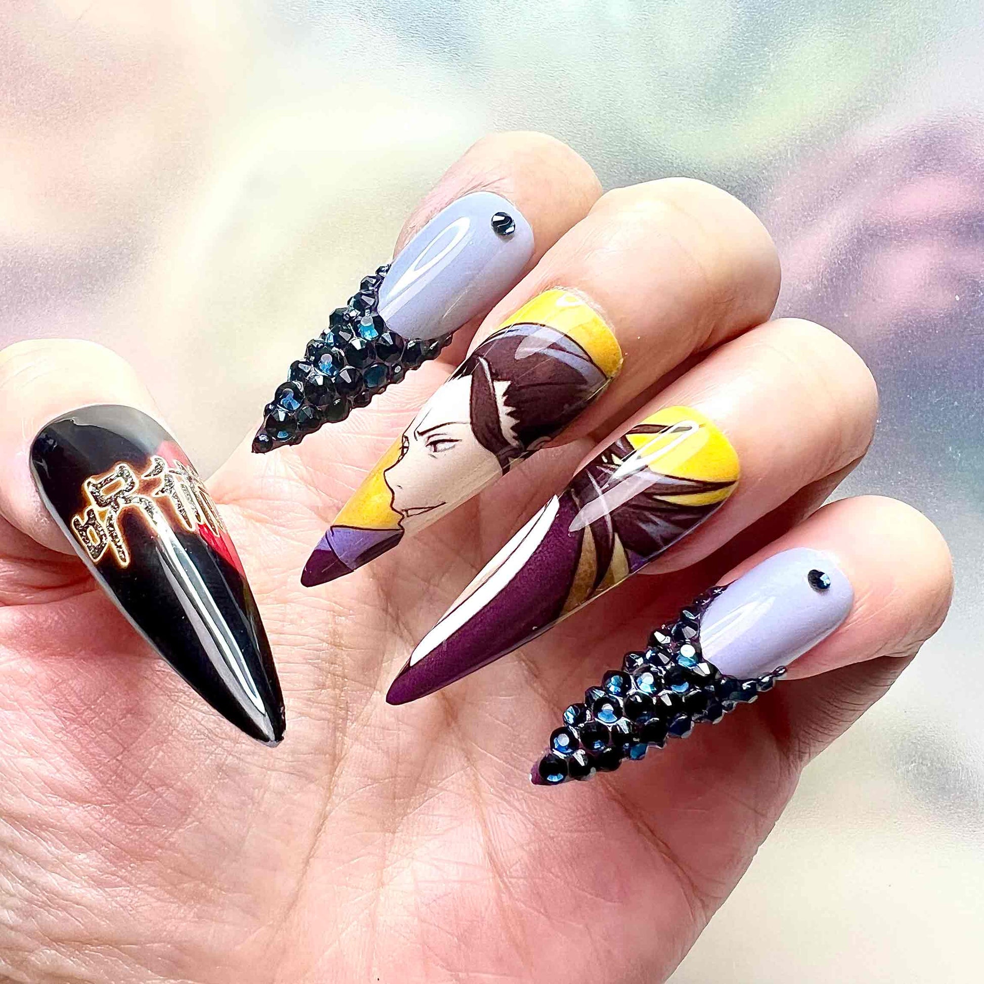 Todo &amp; Geto Nails – Jujutsu Kaisen JJK Press-On Set, 3D Black Crystal &amp; Kanji Anime Design | Dragonnail