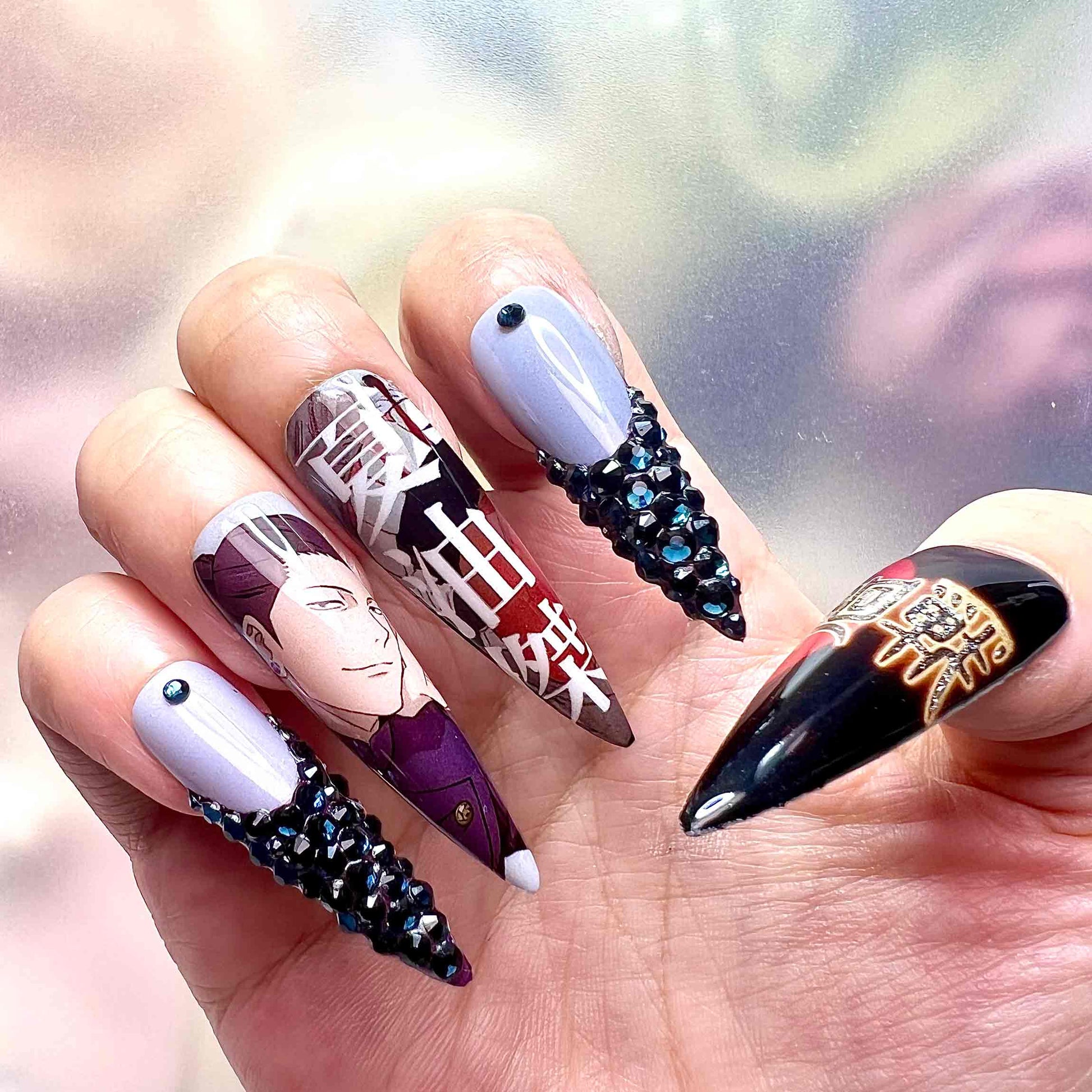 Todo &amp; Geto Nails – Jujutsu Kaisen JJK Press-On Set, 3D Black Crystal &amp; Kanji Anime Design | Dragonnail