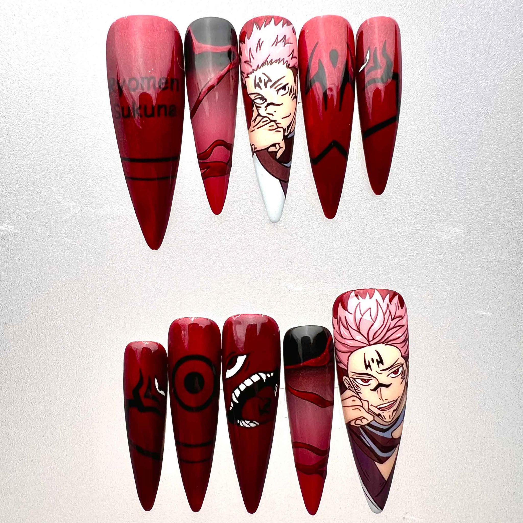 Ryomen Sukuna Nails – Jujutsu Kaisen Anime Press-On Nail Set, Red Demon King Design | Dragonnail