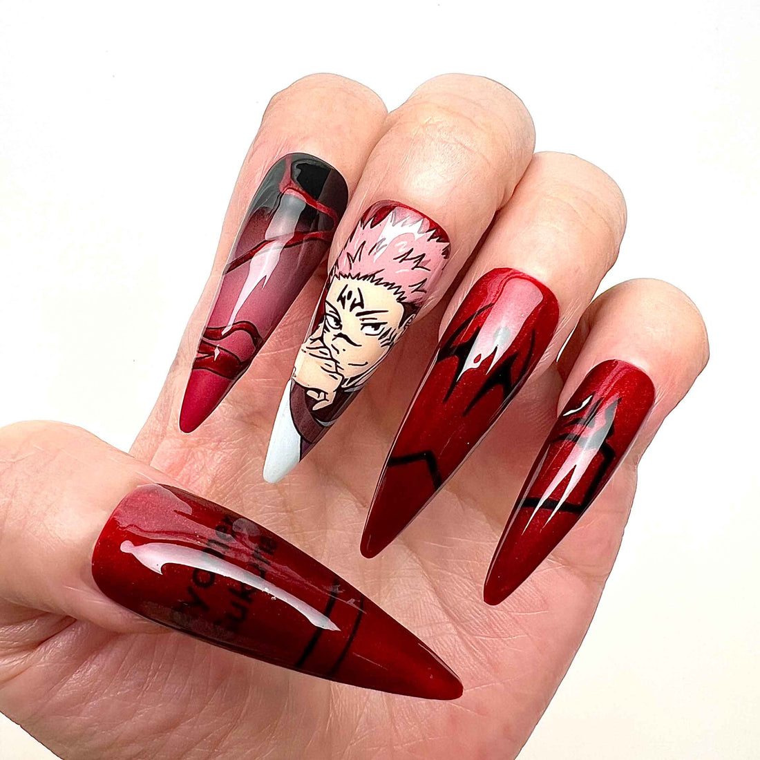 Ryomen Sukuna Nails – Jujutsu Kaisen Anime Press-On Nail Set, Red Demon King Design | Dragonnail