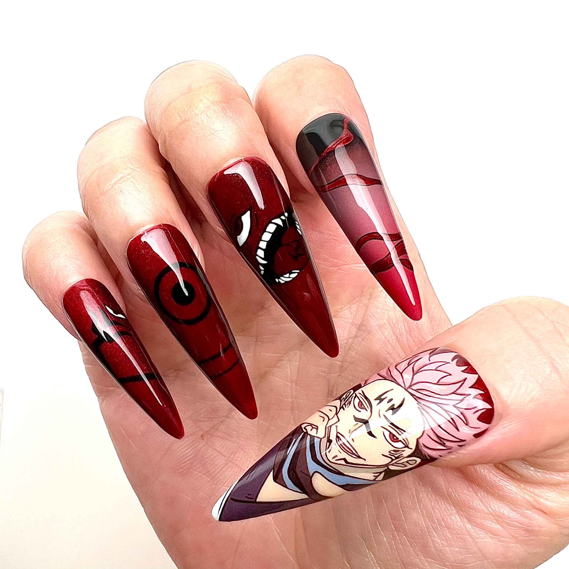Ryomen Sukuna Nails – Jujutsu Kaisen Anime Press-On Nail Set, Red Demon King Design | Dragonnail