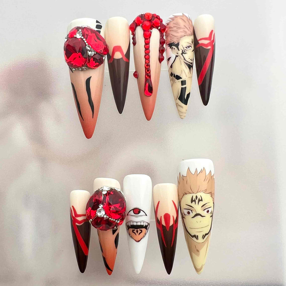 Jujutsu Kaisen Sukuna King of Curses Press-On Nails | Yuji Itadori Host Anime Set | 3D Gemstone &amp; Dripping Blood Art | Dragonnail