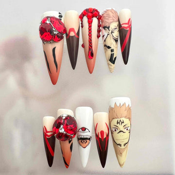 Jujutsu Kaisen Sukuna King of Curses Press-On Nails | Yuji Itadori Host Anime Set | 3D Gemstone &amp; Dripping Blood Art | Dragonnail