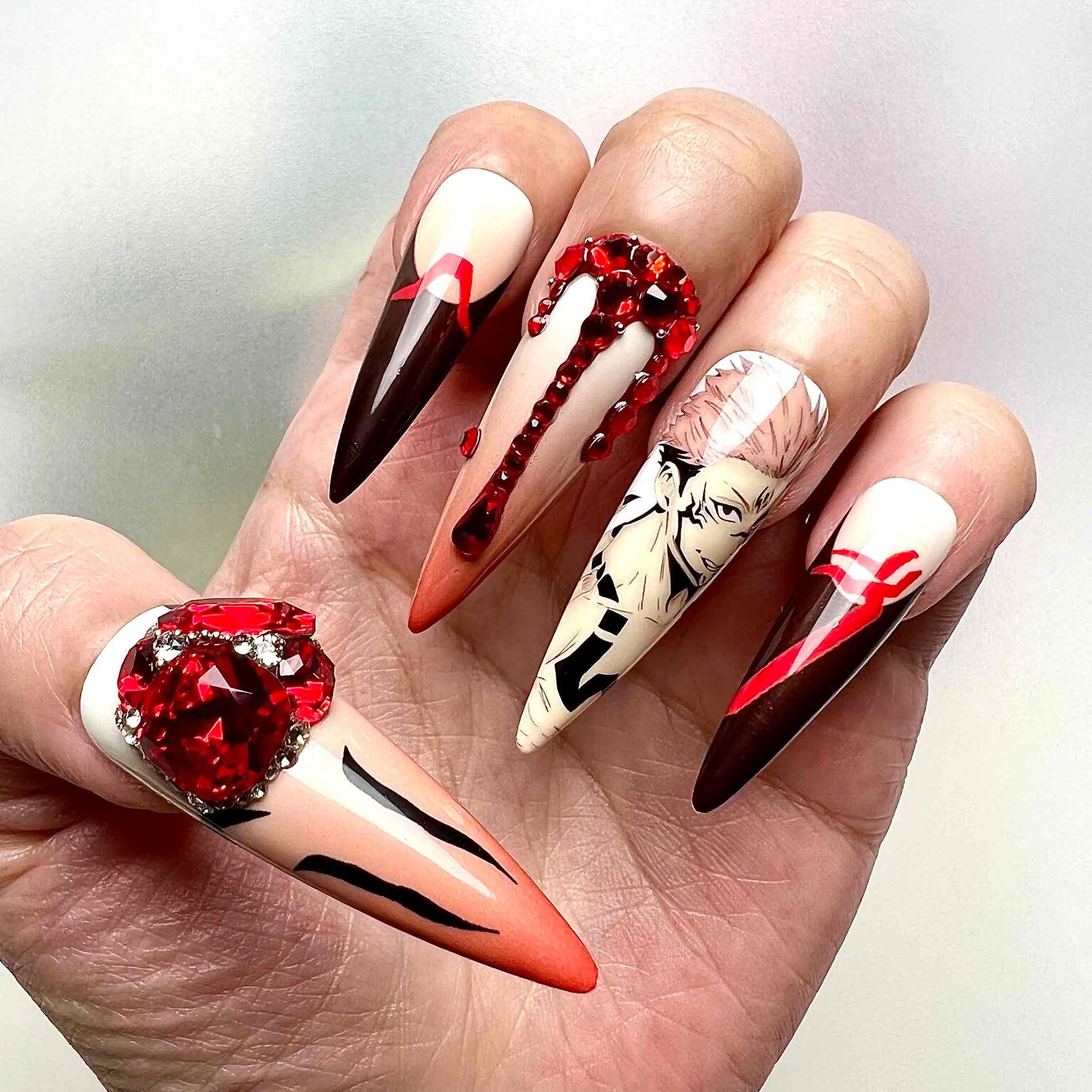 Jujutsu Kaisen Sukuna King of Curses Press-On Nails | Yuji Itadori Host Anime Set | 3D Gemstone &amp; Dripping Blood Art | Dragonnail