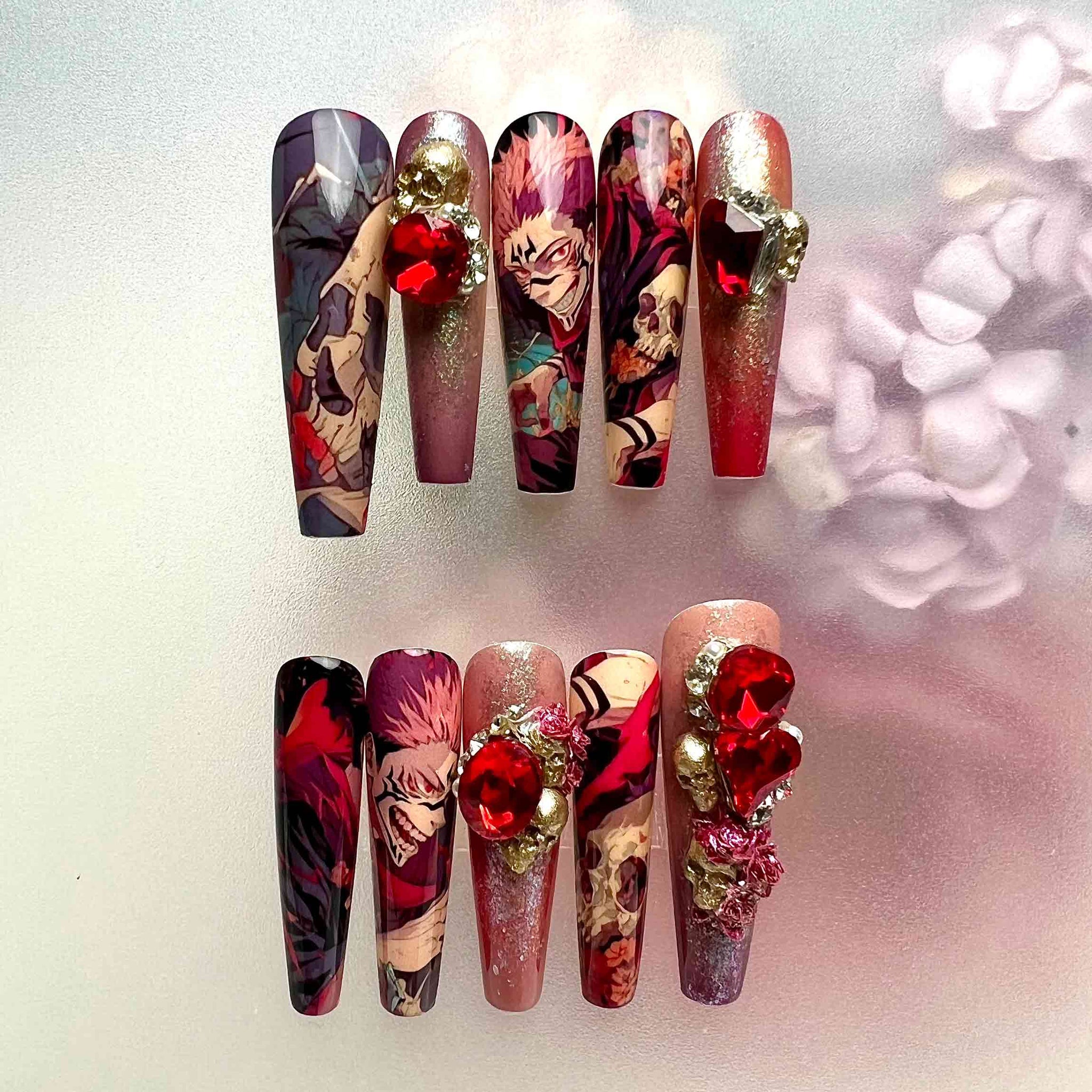 Ryomen Sukuna Nails – Jujutsu Kaisen JJK Press-On Set, 3D Skull, Red Heart Gem &amp; Gothic Anime Design | Dragonnail
