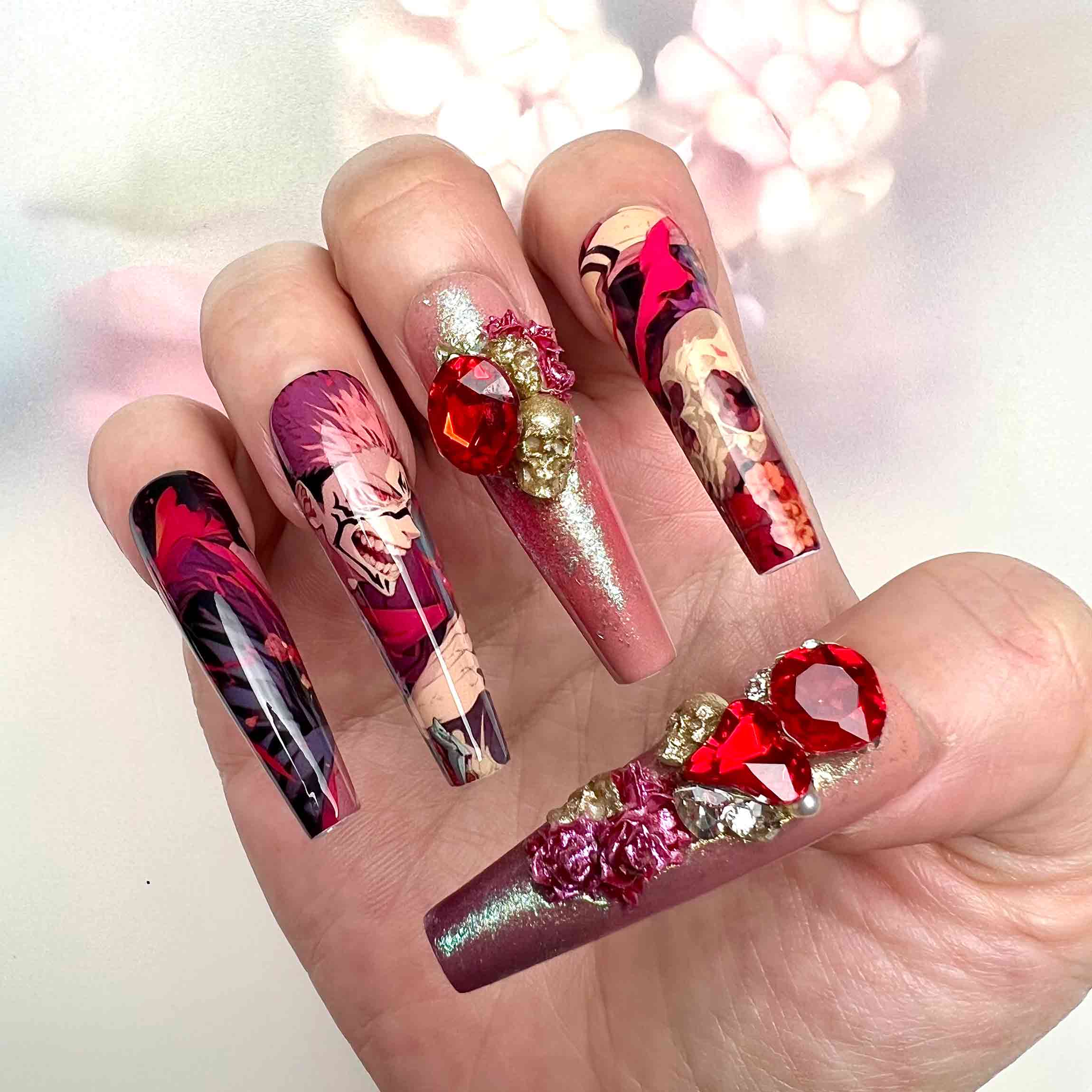 Ryomen Sukuna Nails – Jujutsu Kaisen JJK Press-On Set, 3D Skull, Red Heart Gem &amp; Gothic Anime Design | Dragonnail