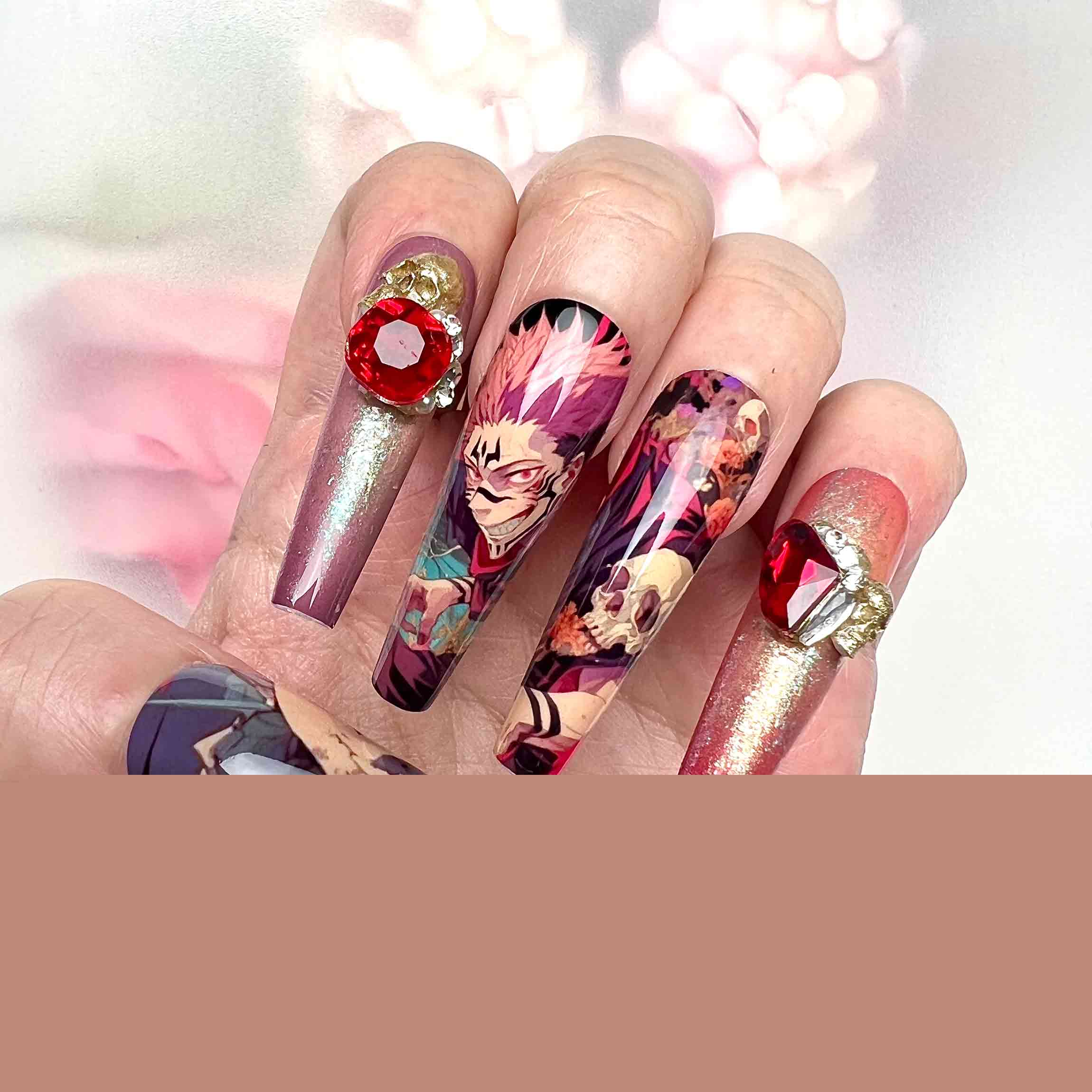 Ryomen Sukuna Nails – Jujutsu Kaisen JJK Press-On Set, 3D Skull, Red Heart Gem &amp; Gothic Anime Design | Dragonnail