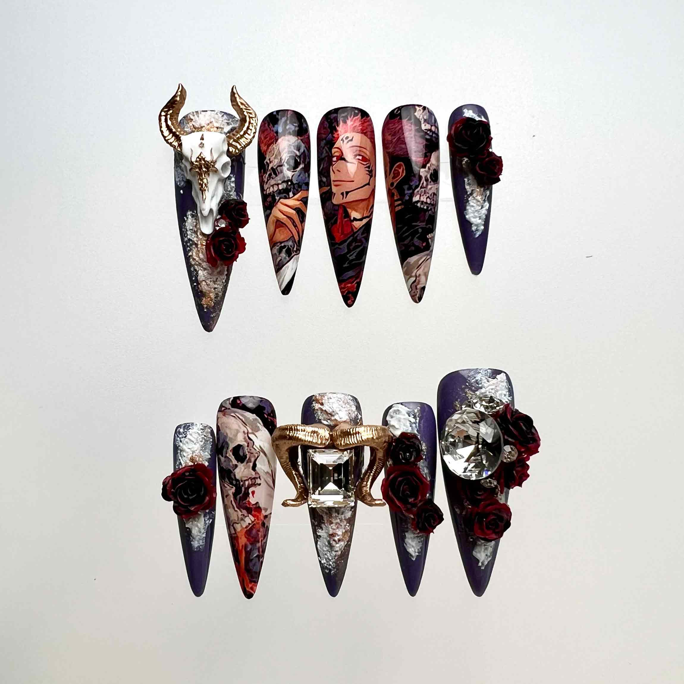 Ryomen Sukuna Nails – Jujutsu Kaisen JJK Press-On Set, 3D Gothic Rose &amp; Skull Charm Design | Dragonnail