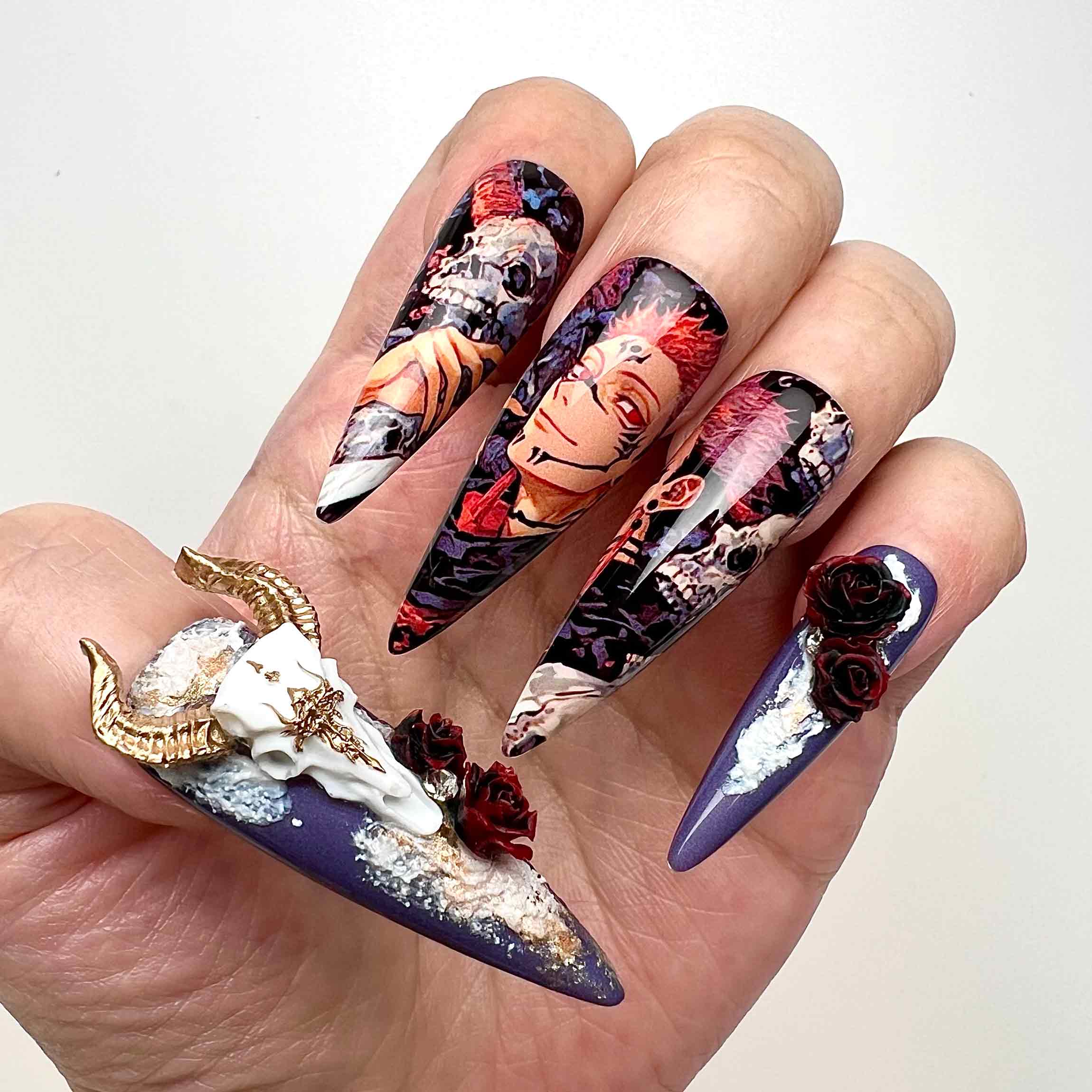 Ryomen Sukuna Nails – Jujutsu Kaisen JJK Press-On Set, 3D Gothic Rose &amp; Skull Charm Design | Dragonnail