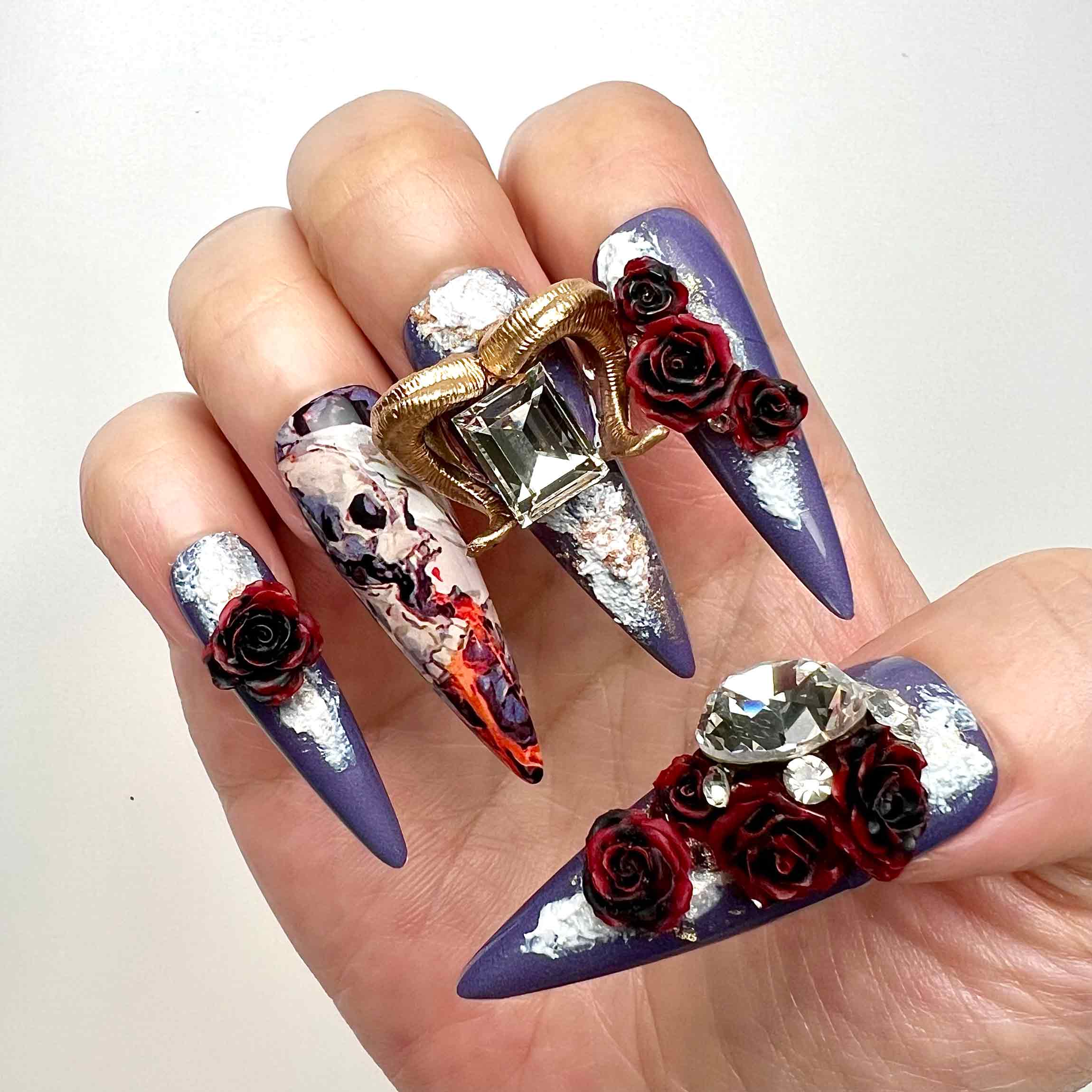 Ryomen Sukuna Nails – Jujutsu Kaisen JJK Press-On Set, 3D Gothic Rose &amp; Skull Charm Design | Dragonnail