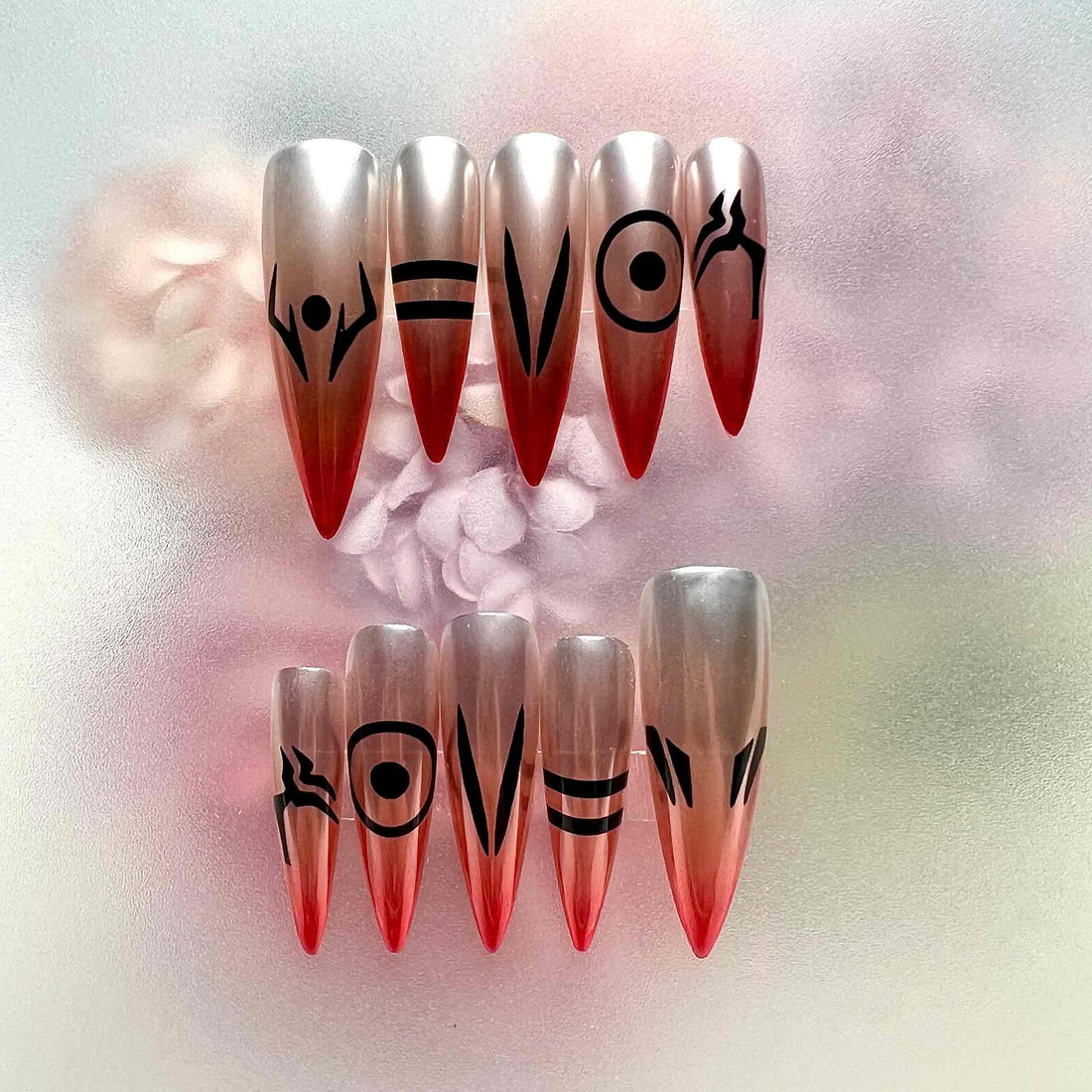 Sukuna Nails – Jujutsu Kaisen JJK Press-On Set, Red-Tip Chrome &amp; Cursed Markings Anime Design | Dragonnail