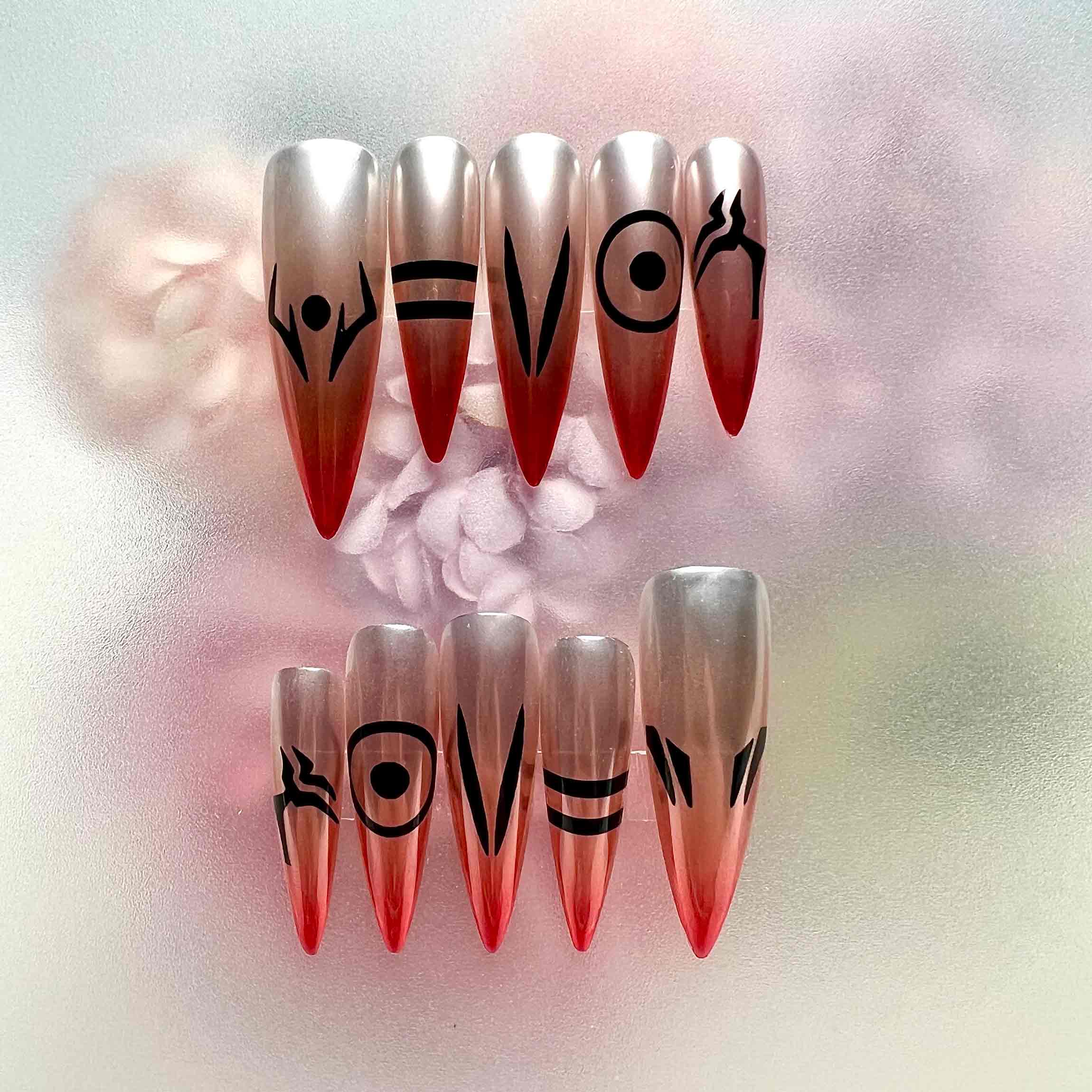 Sukuna Nails – Jujutsu Kaisen JJK Press-On Set, Red-Tip Chrome &amp; Cursed Markings Anime Design | Dragonnail