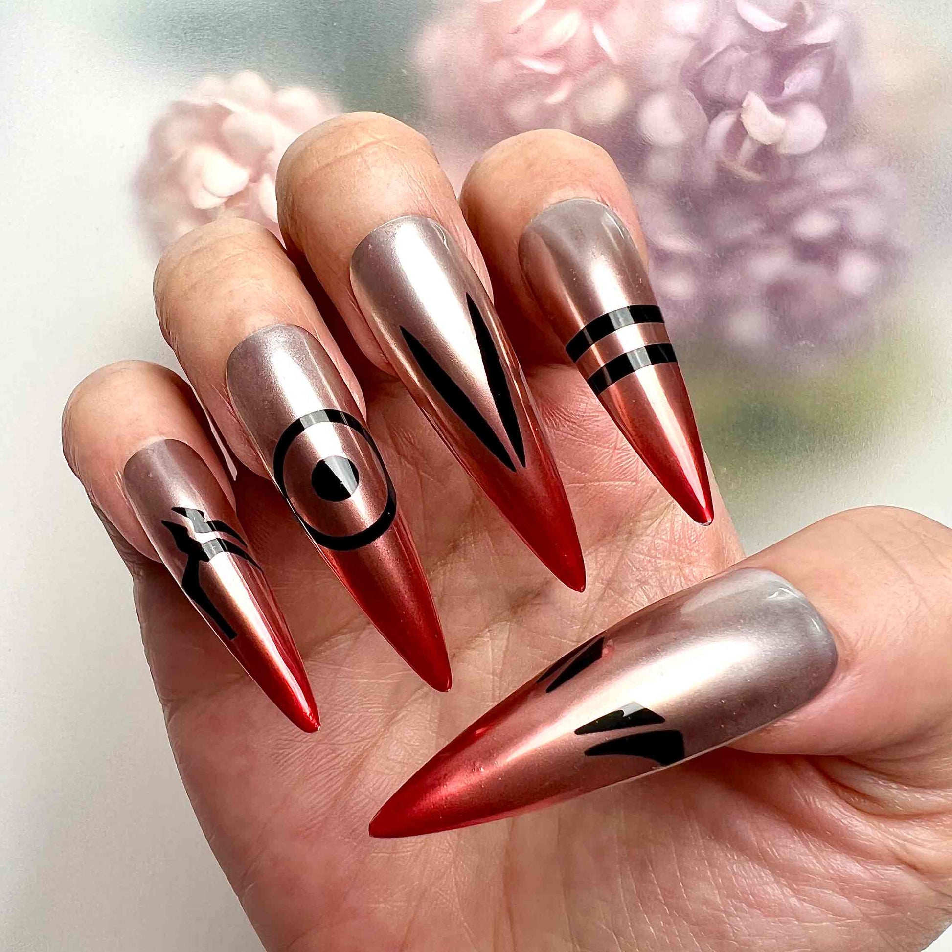 Sukuna Nails – Jujutsu Kaisen JJK Press-On Set, Red-Tip Chrome &amp; Cursed Markings Anime Design | Dragonnail