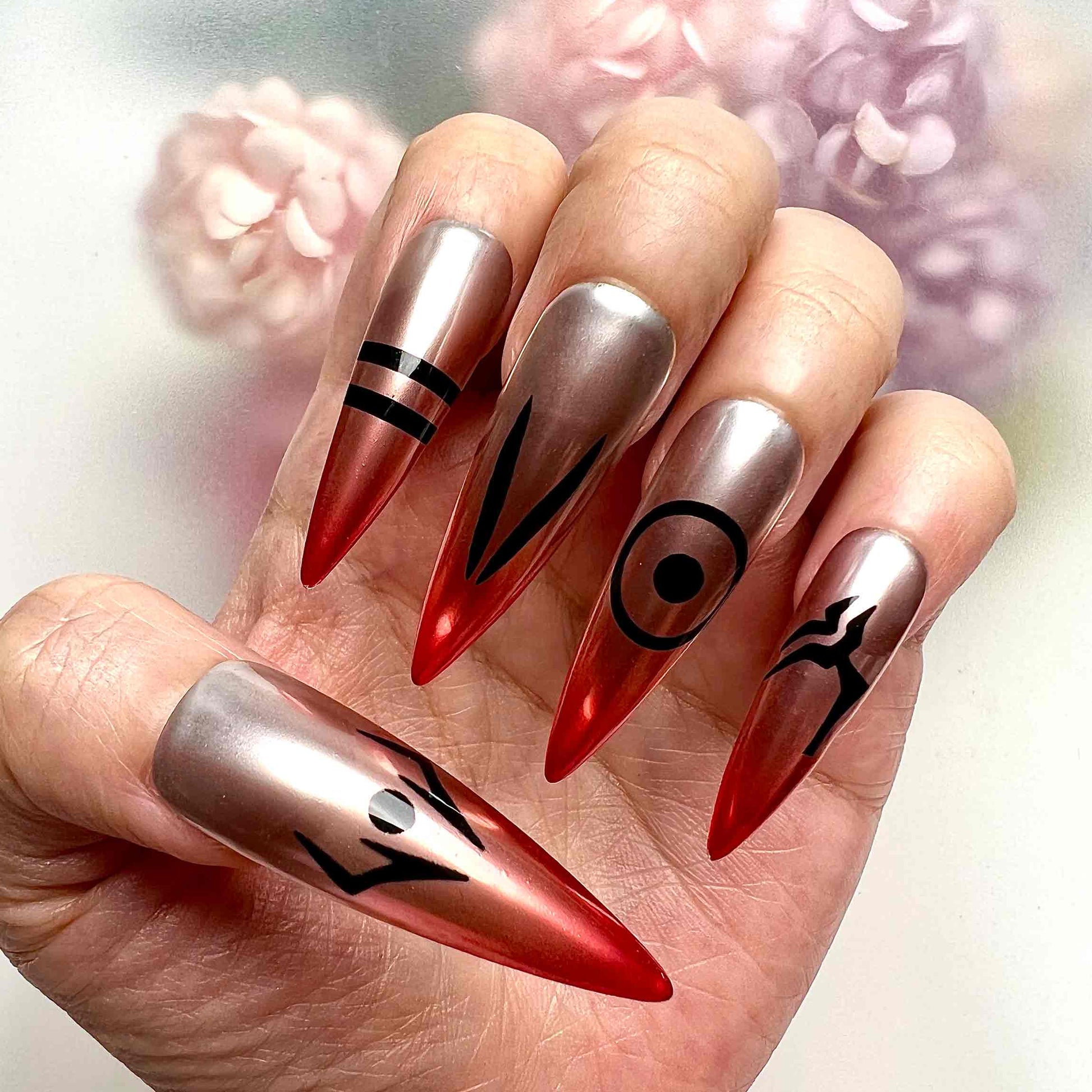 Sukuna Nails – Jujutsu Kaisen JJK Press-On Set, Red-Tip Chrome &amp; Cursed Markings Anime Design | Dragonnail