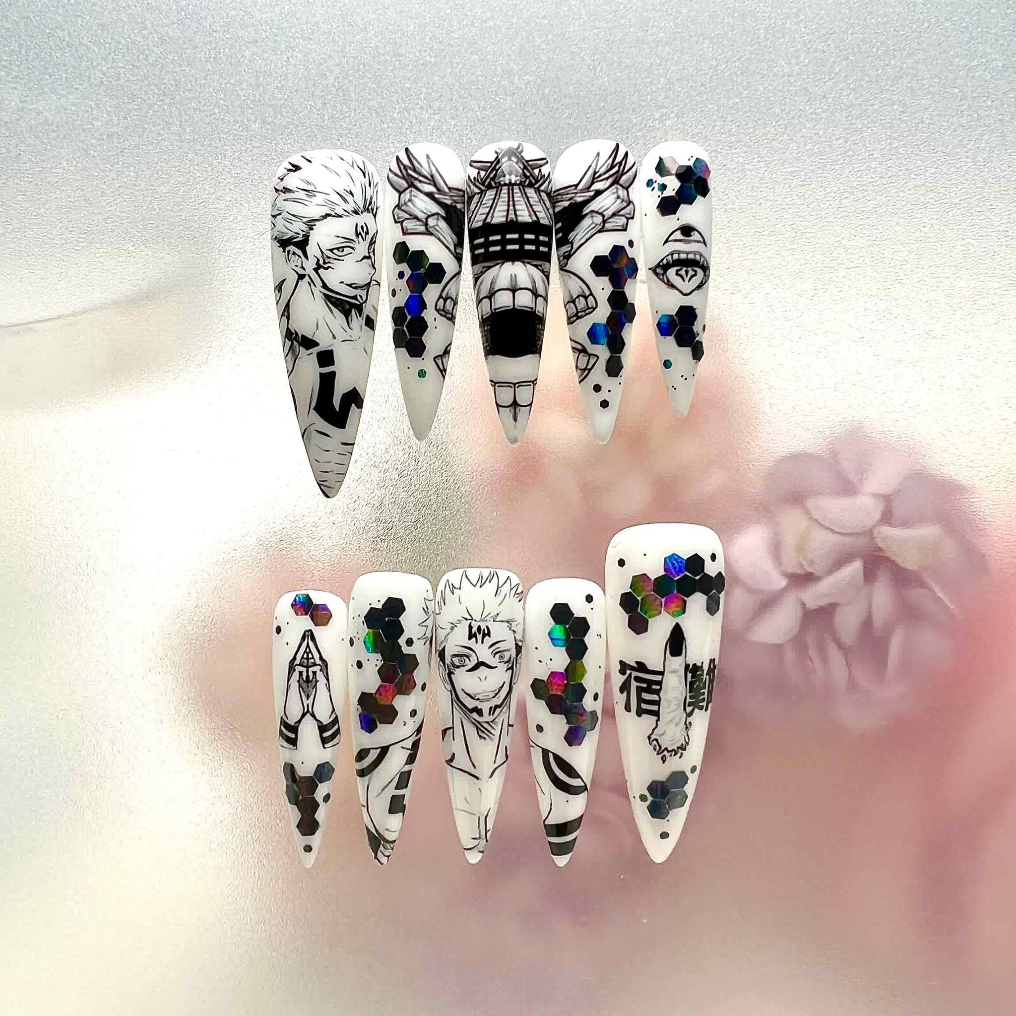 Jujutsu Kaisen Monochromatic Sketch Press-On Nails | Sukuna &amp; Itadori Manga Art Set | Holographic Glitter &amp; Evil Eye Charms | Dragonnail