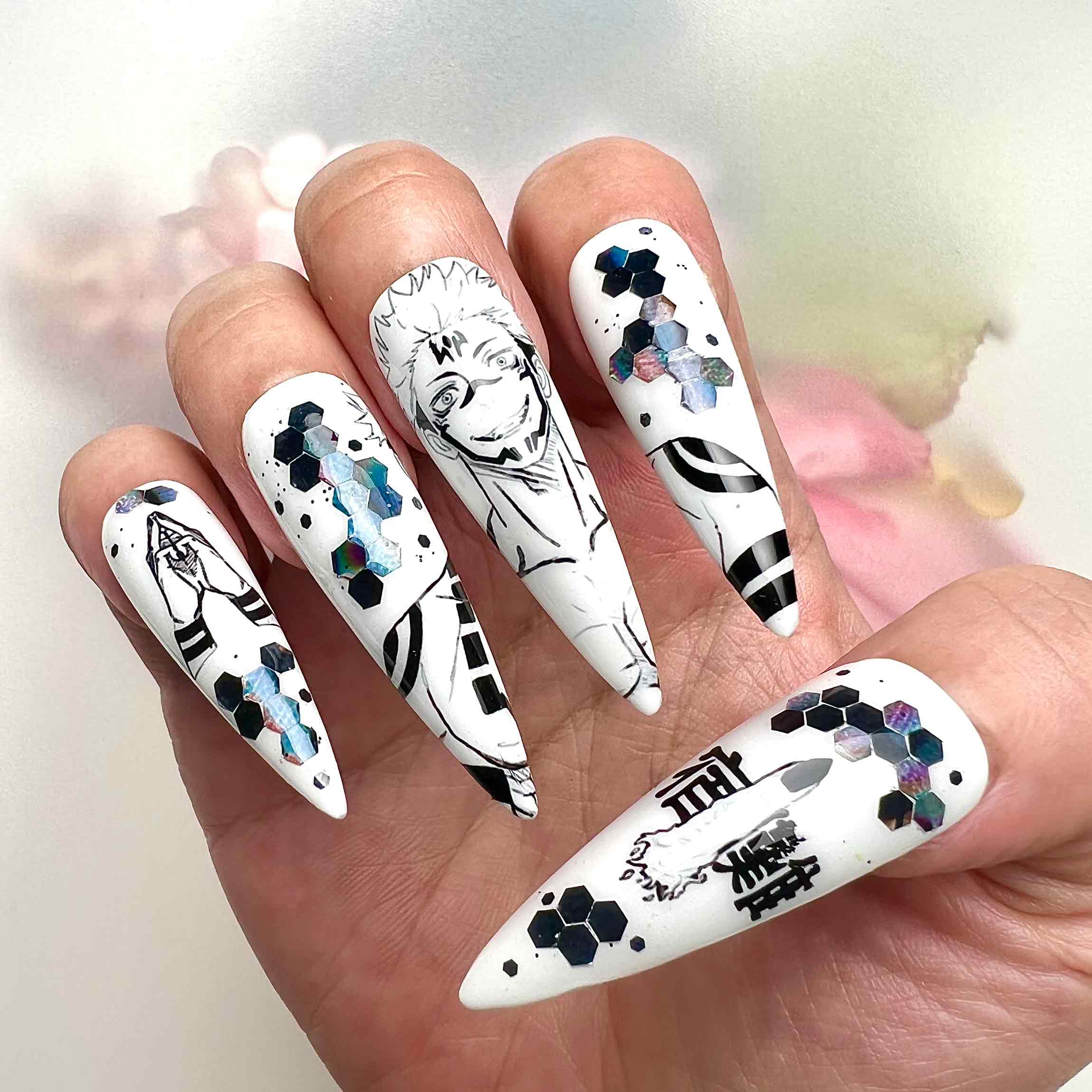 Jujutsu Kaisen Monochromatic Sketch Press-On Nails | Sukuna &amp; Itadori Manga Art Set | Holographic Glitter &amp; Evil Eye Charms | Dragonnail