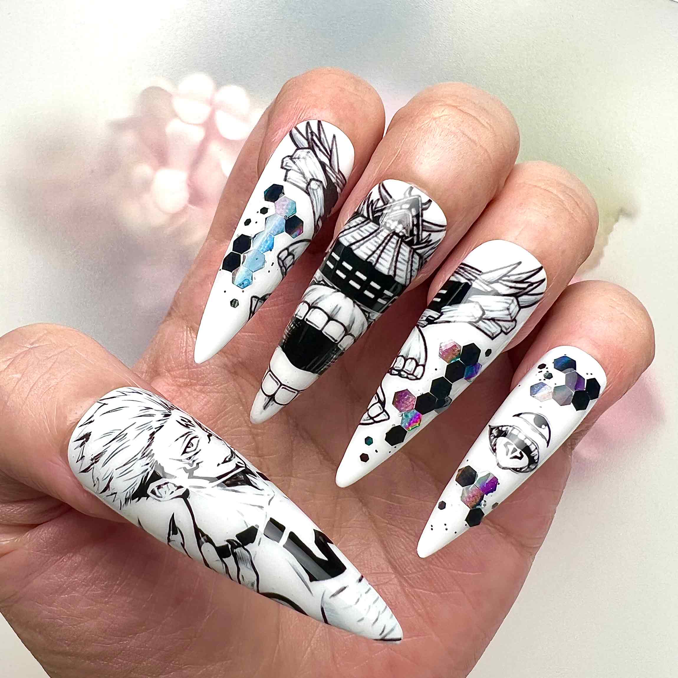 Jujutsu Kaisen Monochromatic Sketch Press-On Nails | Sukuna &amp; Itadori Manga Art Set | Holographic Glitter &amp; Evil Eye Charms | Dragonnail